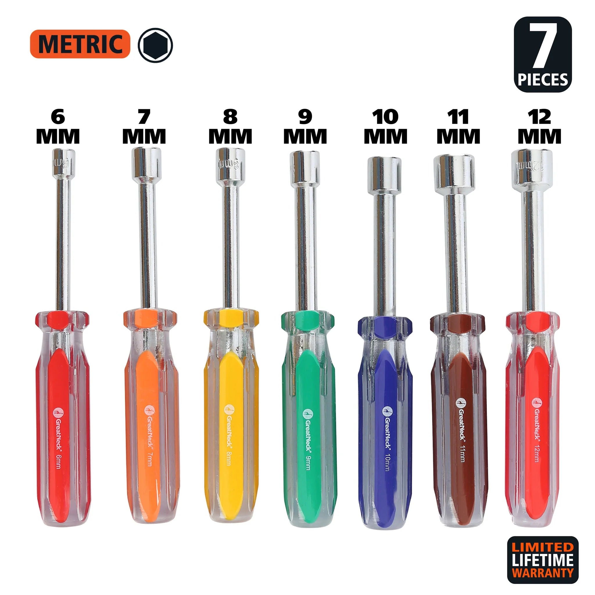 GreatNeck ND71 7-Piece Metric Professional Nut Driver Set - Hollow Shaft, Rust-Resistant with Acetate Handles | Perfect for Automotive Repair, Machinery Maintenance & DIY Projects