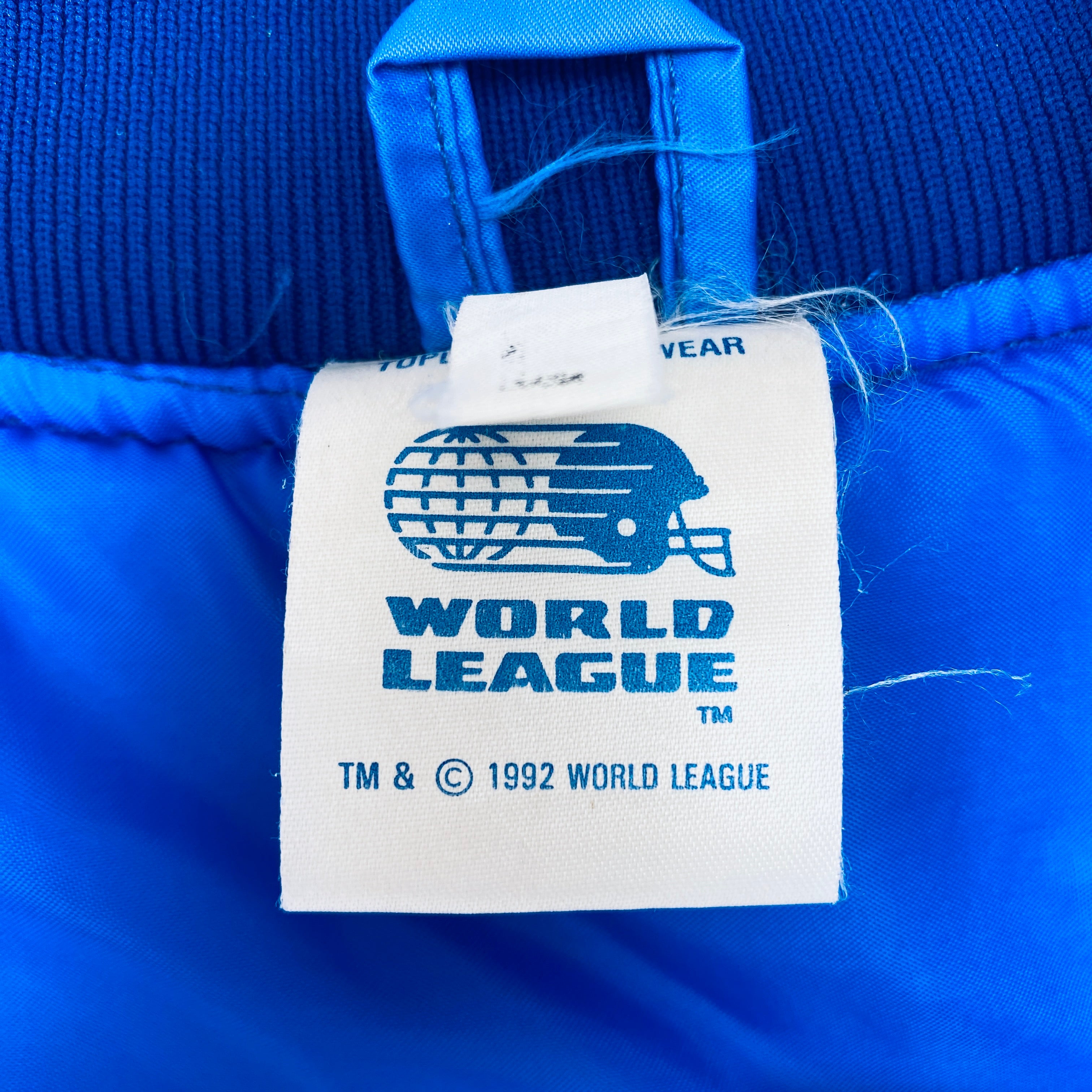 WLAF: London Monarchs 1992 Satin Reverse Embroidered Spellout Bomber Jacket (Large) - Vintage Football Jacket for Sports Fans & Retro Fashion Enthusiasts