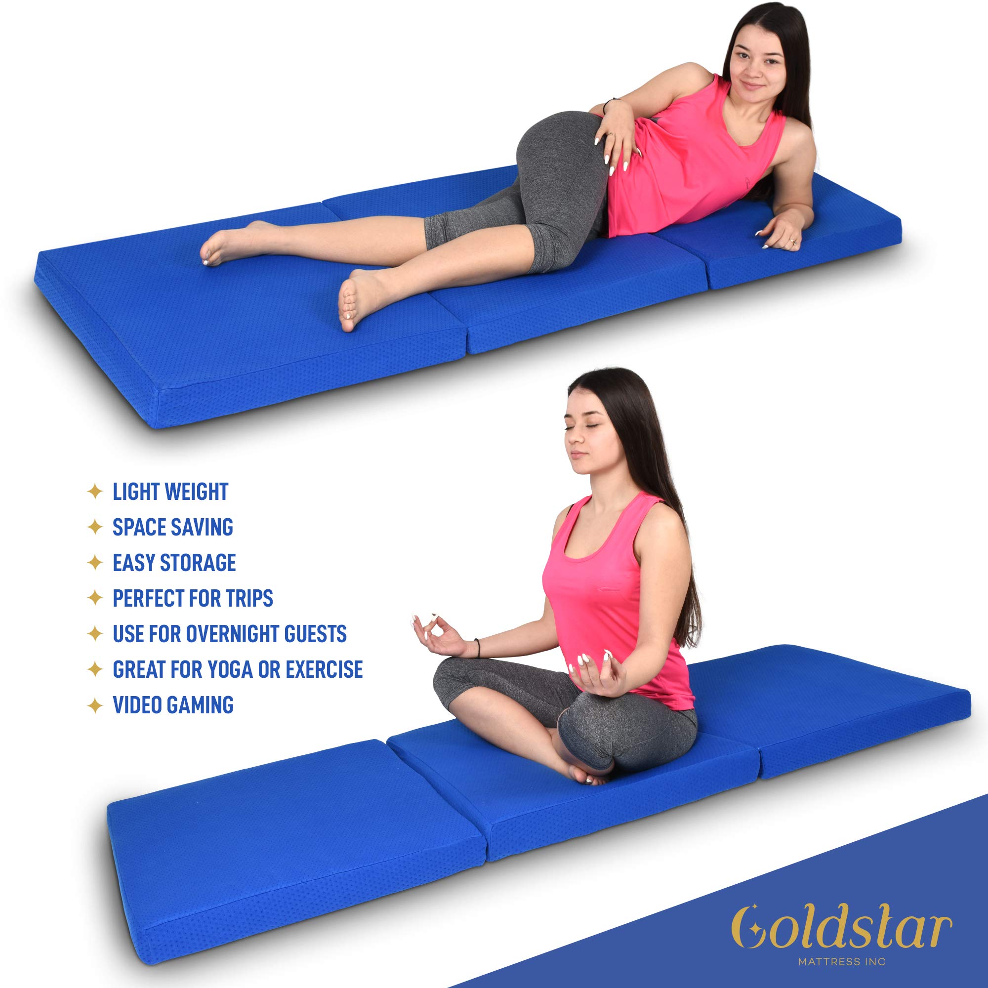 Gold Star Tri-Folding Gel Memory Foam Mattress - 3-Inch Cooling Mattress Topper for Beds, Cots & Guest Rooms - 39 x 75 Inches Portable Floor Mattress with Washable Cover | Perfect for Camping, Sleepovers & Temporary Guest Accommodations