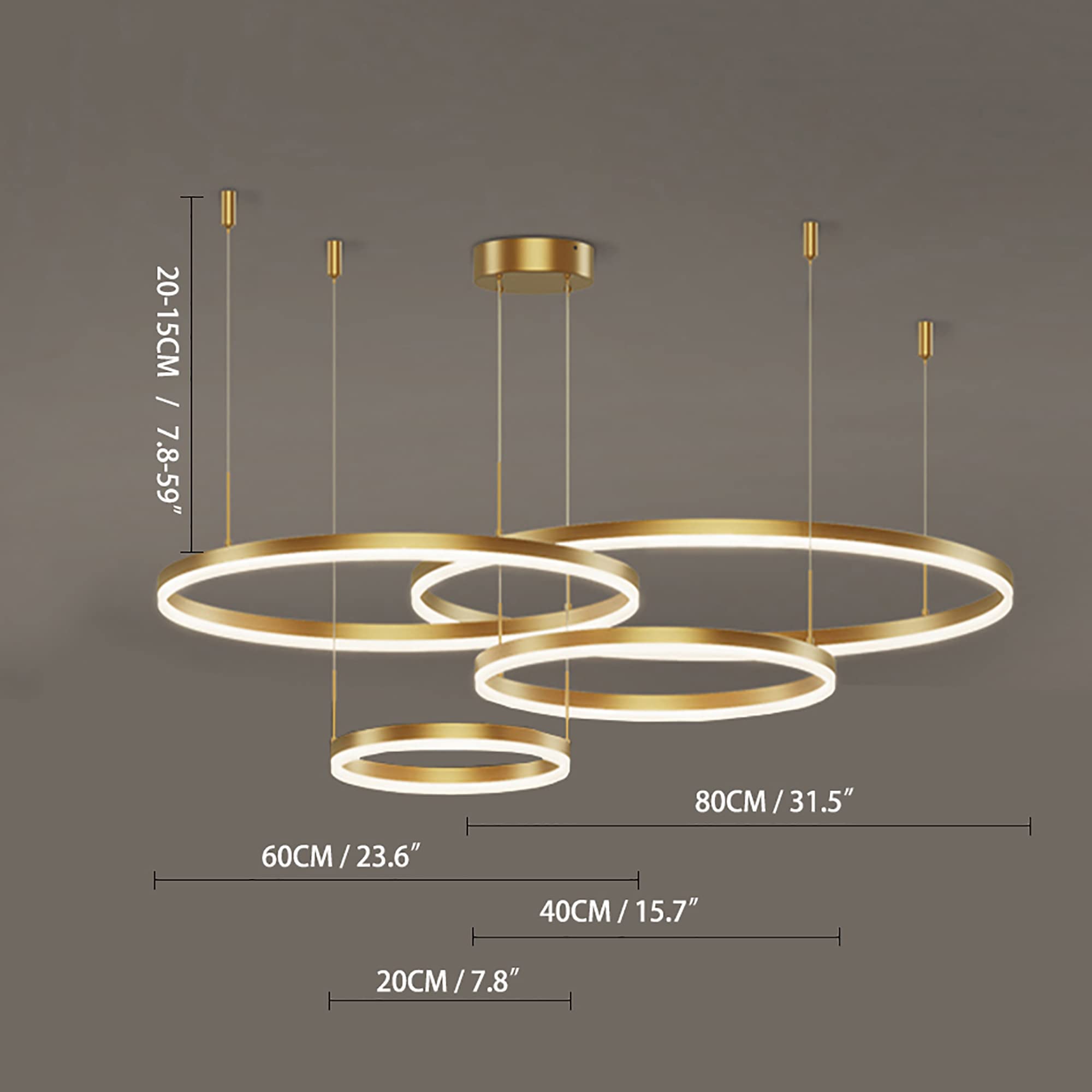 Gold Ring Chandelier LED Ceiling Light - Dimmable Geometric Circle Pendant Lighting Fixture for Living Room, Dining Room, Bedroom (20/40/60/80cm) | Modern Home Decor & Wedding Venue Lighting
