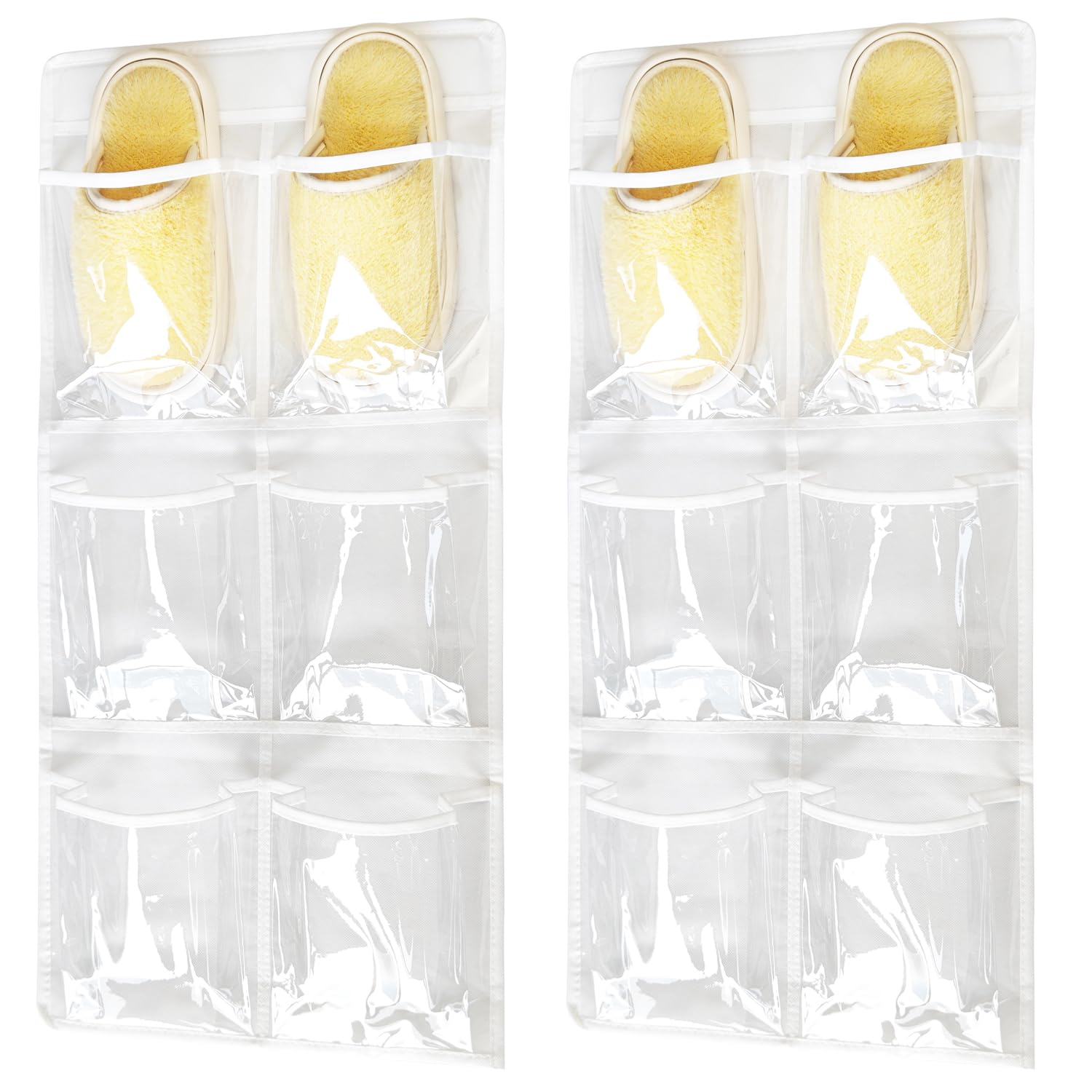 2 Pack Clear Crystal Large Over The Door Hanging Shoe Organizer - 6 Pockets, 4 Hooks, White (30