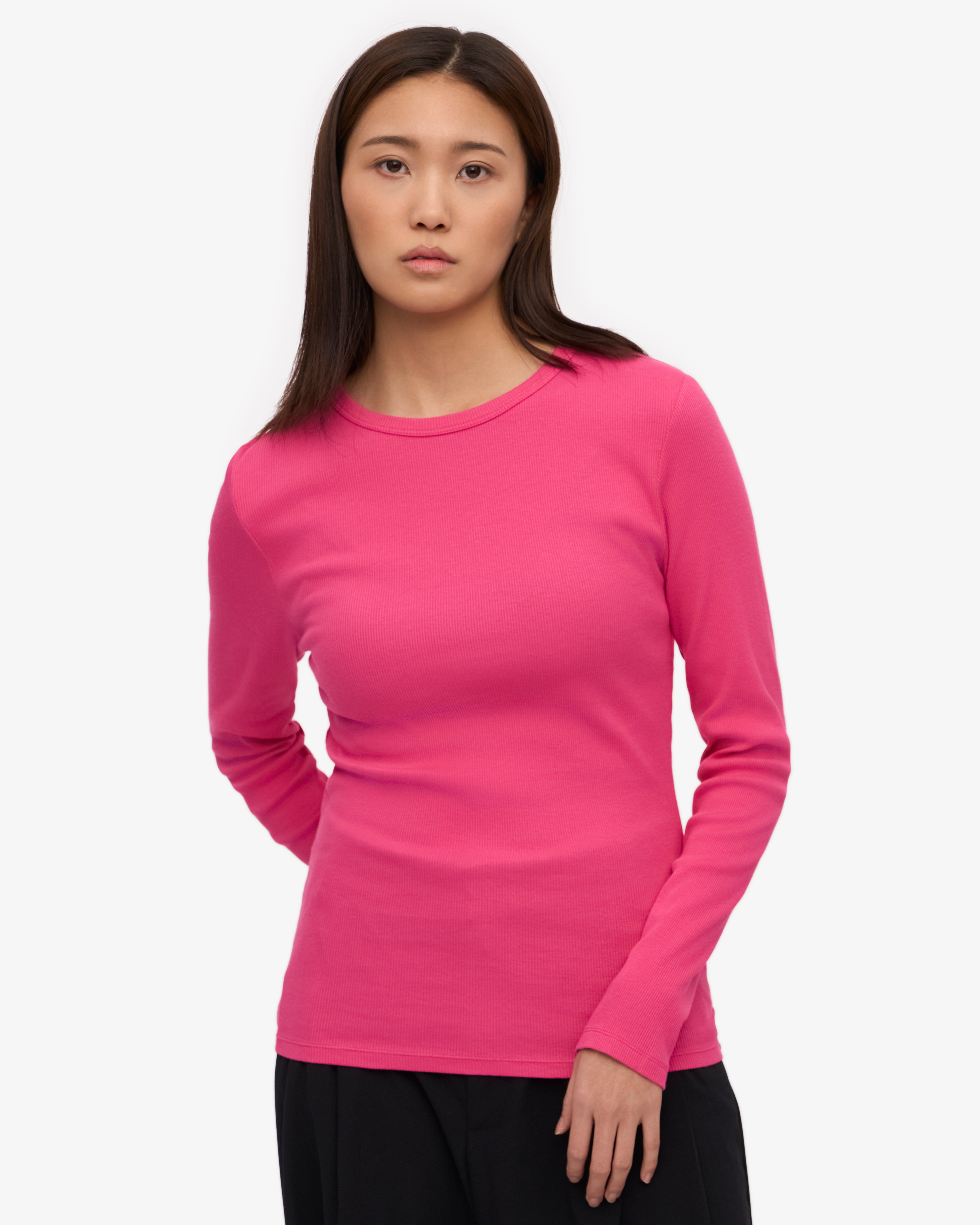 Organic Women's Long Sleeve Ribbed T-Shirt - Bubblegum Pink | Soft Cotton Comfort Fit for Casual Wear & Layering