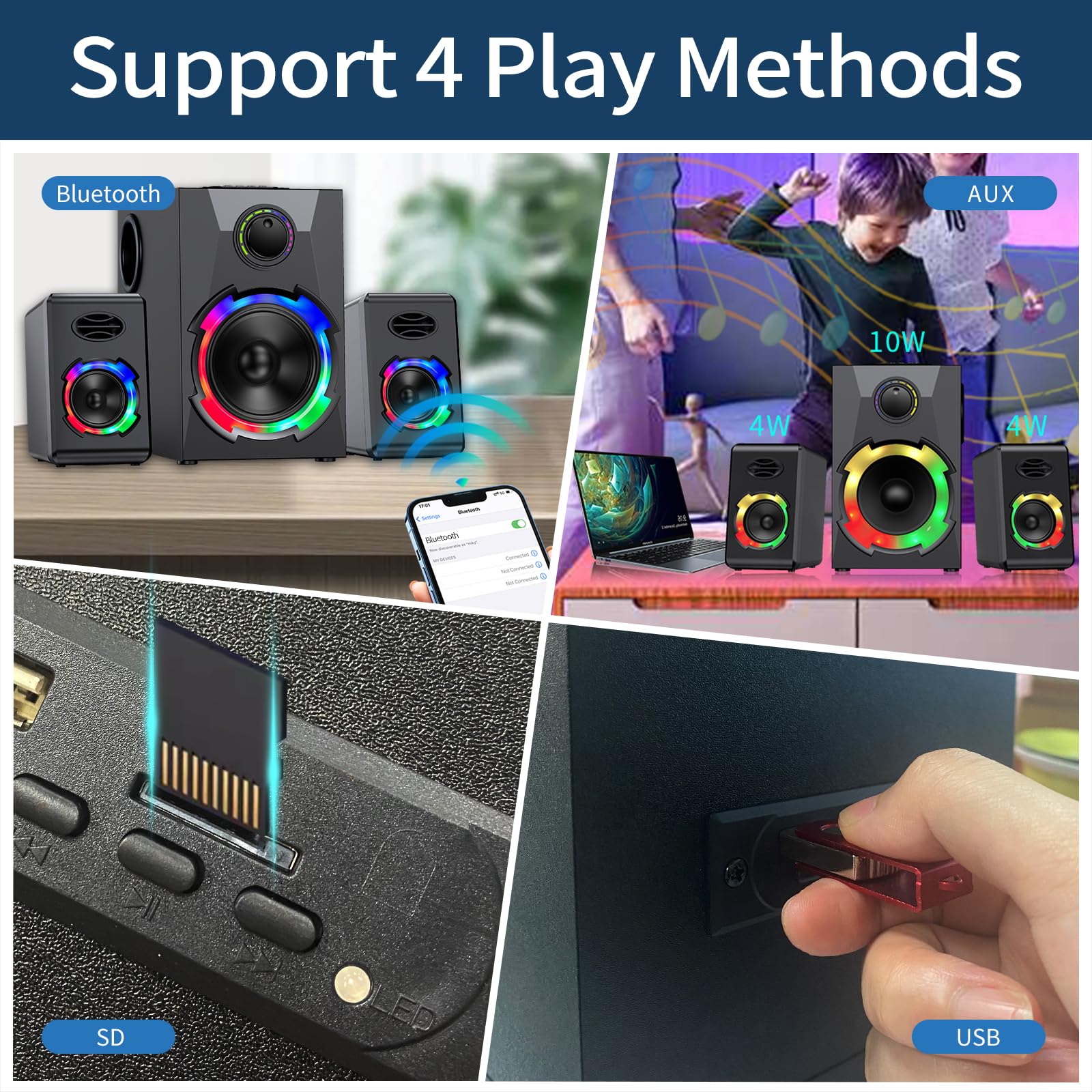 OROW 18W 2.1 Computer Speakers with Subwoofer - PC Gaming Speakers with Deep Bass, RGB Lighting, SD/USB Playback - Perfect for Gaming, Movies & Music (S215 Black)