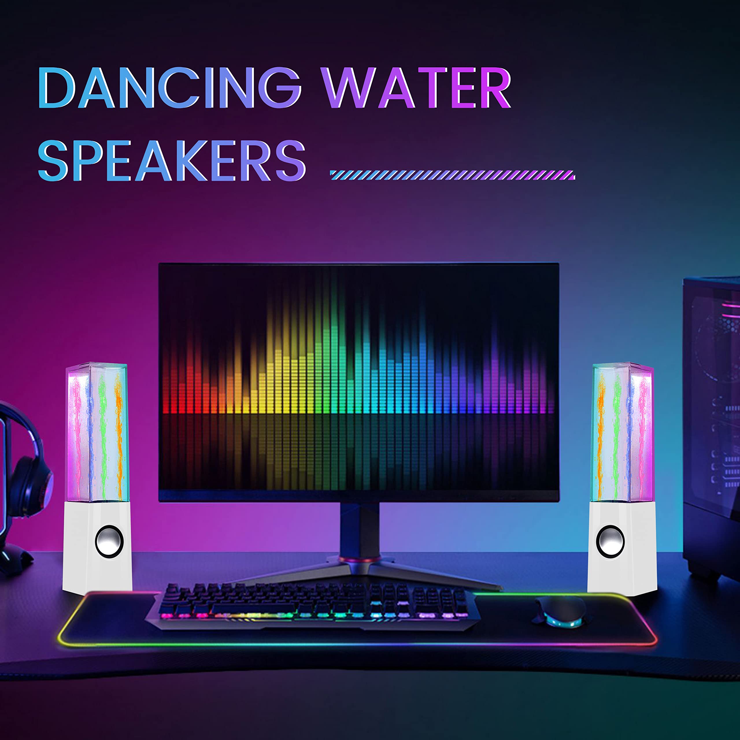 USB LED Color Computer Water Speakers with Dancing Fountain Light Show, 3.5mm Interface, White - Perfect for Laptop, Desktop, and Home Entertainment Setup
