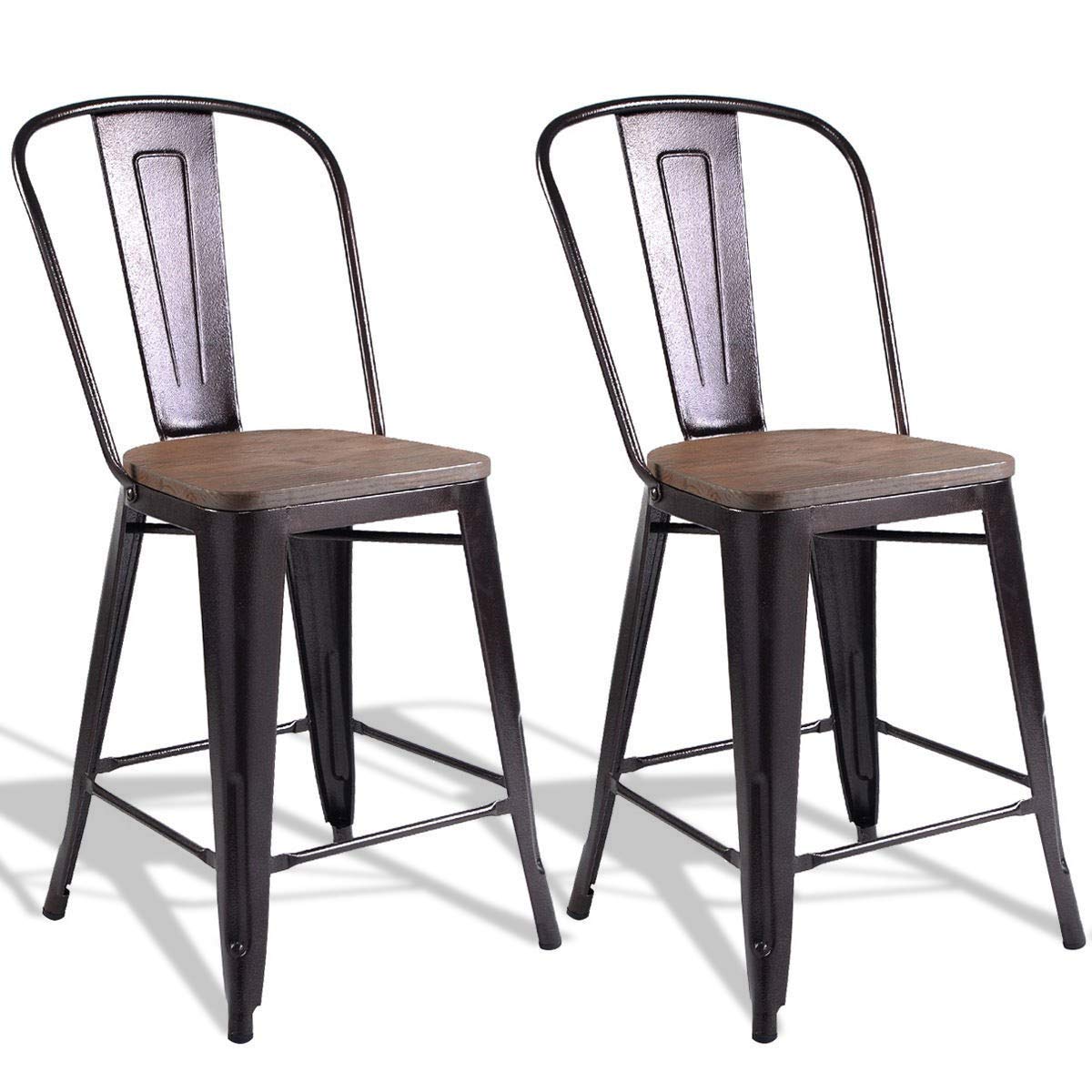 Modern Copper & Wood Bar Stools Set of 2 - Durable Metal Frame with Comfortable Backrest - Scratch-Resistant & Non-Marking Feet - Perfect for Kitchen, Dining Room, Restaurant, Pub or Home Bar Decor