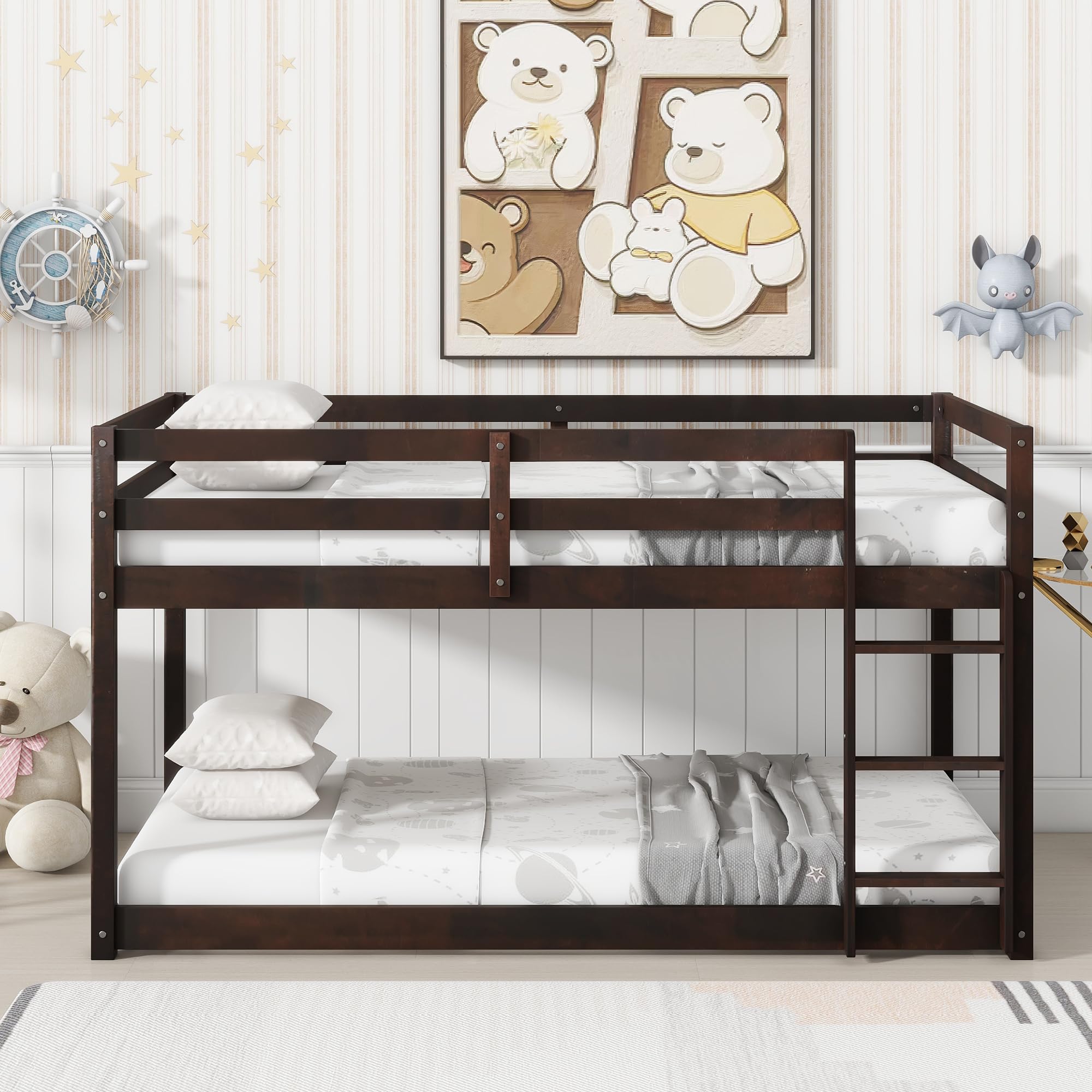 **Twin Over Twin Low Bunk Bed Frame - Wooden Junior Loft Bed for Kids, Boys, Girls & Teens with Safety Rails - Espresso Finish - Perfect for Small Bedrooms, Dorms & Shared Kids' Rooms**