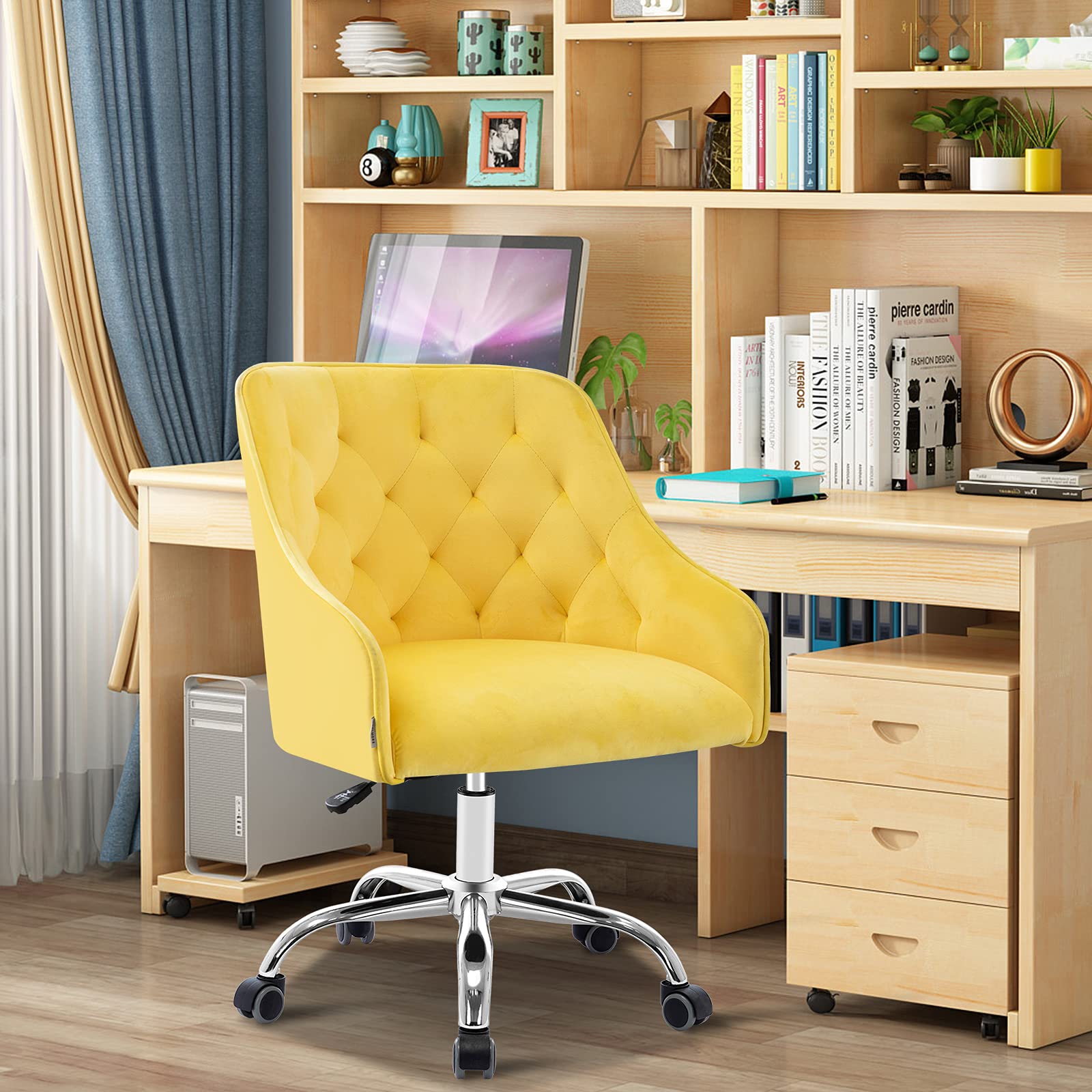 Velvet Home Office Chair - Modern 360° Swivel Adjustable Executive Chair with Soft Seat | Ergonomic Task Chair for Living Room, Bedroom & Vanity | Yellow Linen Accent Chair for Work & Relaxation