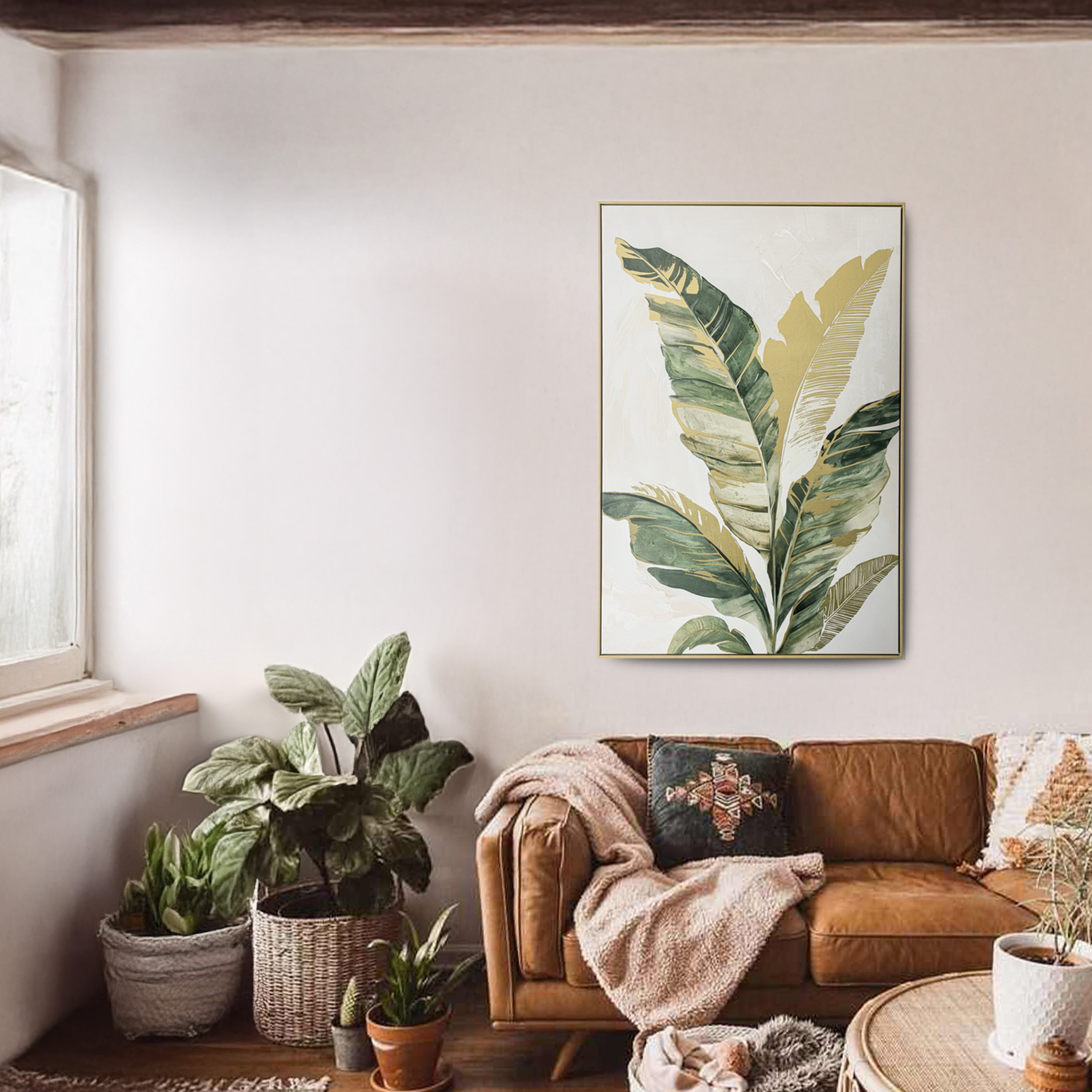Urban Style Brushmarks Foiled Canvas Palm Wall Art - Tropical Decor for Living Room, Bedroom & Office