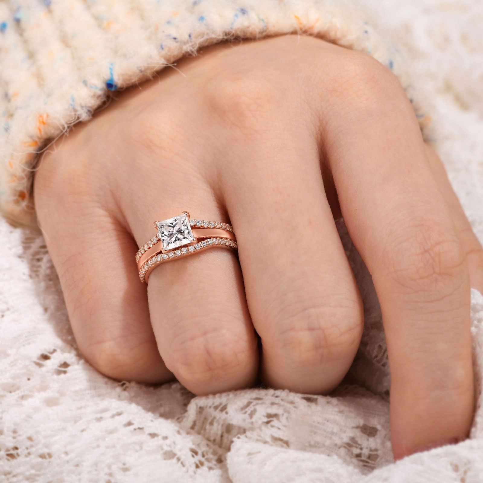 SHELOVES Solitaire Princess CZ Engagement Ring Set with Wedding Band & Ring Guard Enhancer - Sterling Silver Size 5-12 - Perfect for Proposals, Anniversaries & Bridal Jewelry