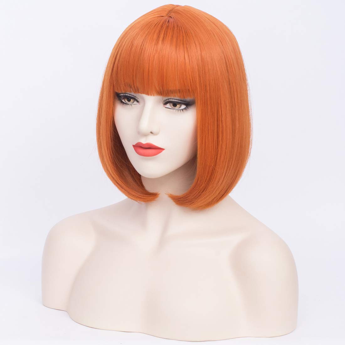 12 Inches Heat Resistant Synthetic Orange Bob Wig with Bangs for Women & Girls - Perfect for Halloween, Cosplay, and Costume Parties