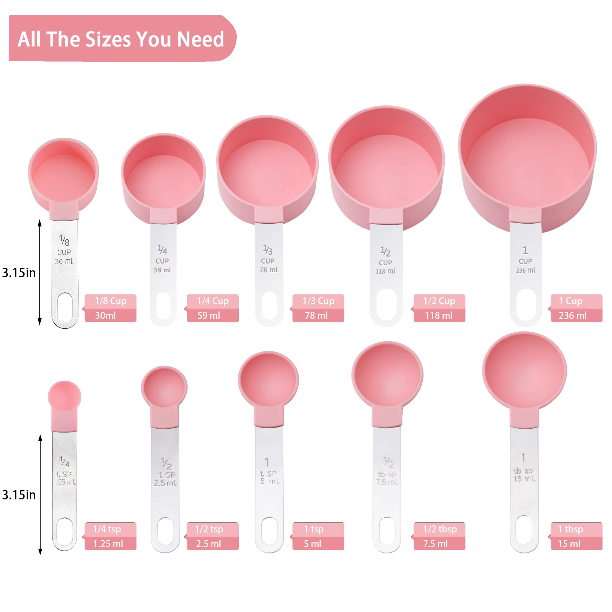 Premium 10-Piece Stainless Steel Measuring Cups and Spoons Set - Stackable Kitchen Gadgets for Dry & Liquid Ingredients (Pink) - Perfect for Baking, Cooking & Meal Prep