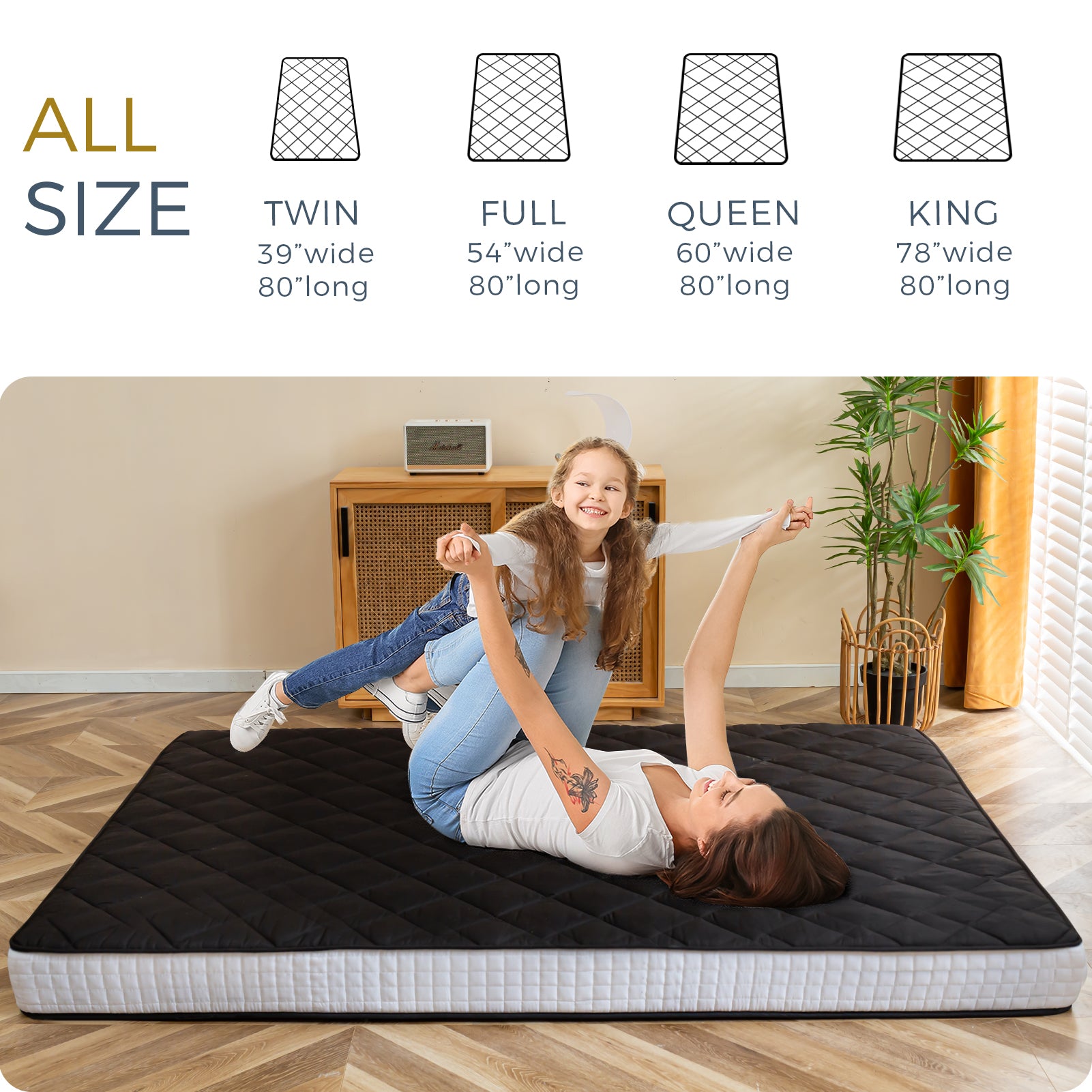 MAXYOYO 6-Inch Extra Thick Floor Futon Mattress - Diamond Quilting Design, Black - Perfect for Guest Beds, Dorm Rooms, Camping & Small Spaces