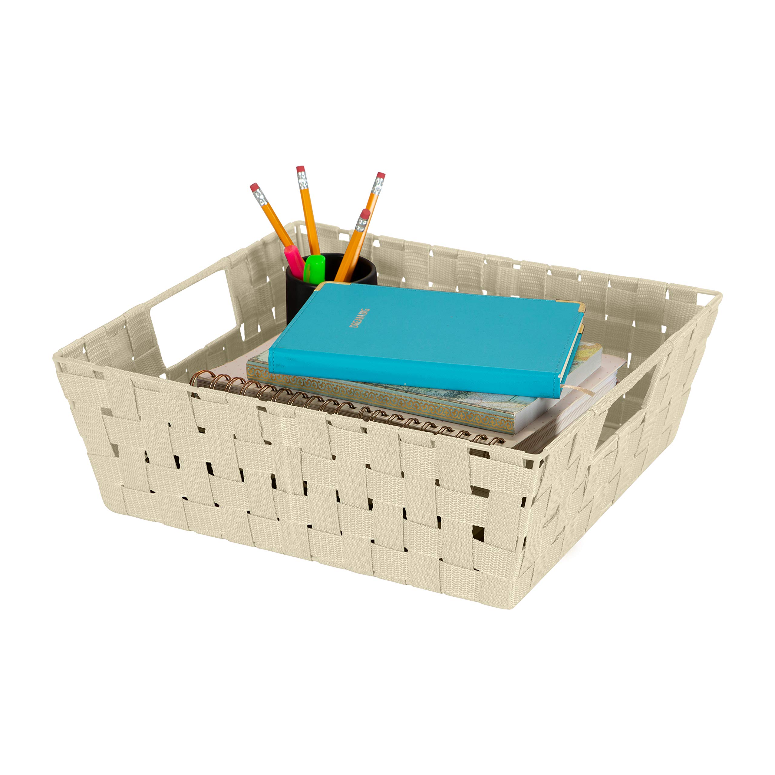 Simplify Large Woven Strap Storage Tote Basket with Handles - 2 Pack Ivory Organizer for Home & Office - Perfect for Closet, Bathroom, Nursery, Toy Storage & Gift Giving