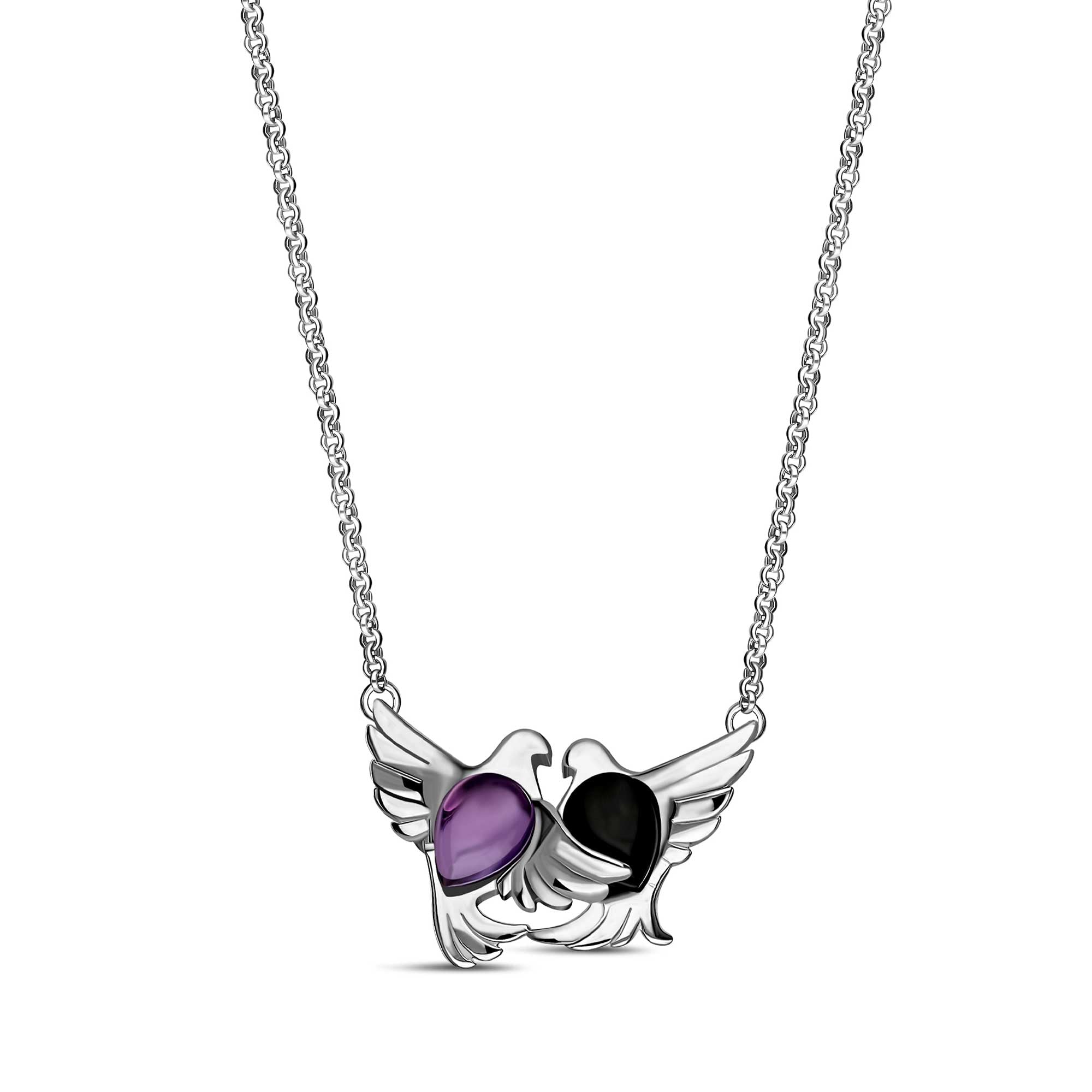Sterling Silver Whitby Jet & Amethyst Entwined Dove Pendant Necklace - Elegant Jewelry Gift for Women, Perfect for Weddings, Anniversaries & Special Occasions