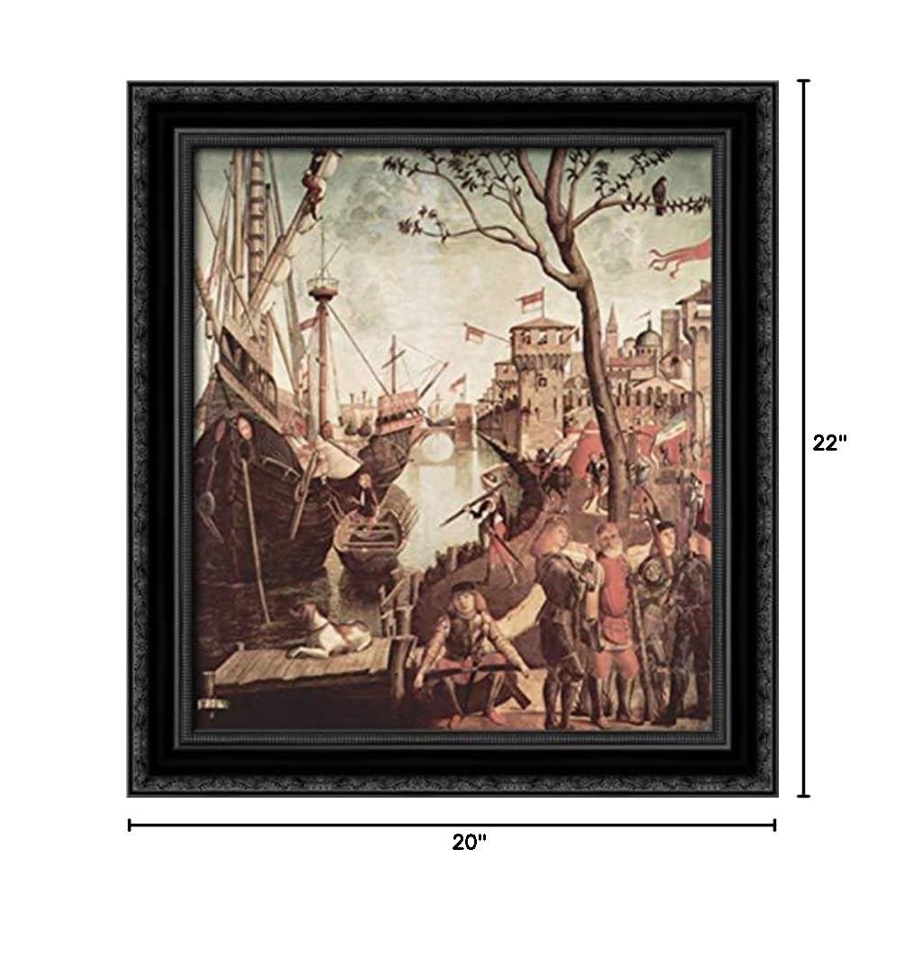 Vittore Carpaccio Framed Canvas Art - Arrival of St. Ursula During Siege of Cologne, 20x22 Inches, Black Ornate Wood Frame - Perfect for Living Room, Bedroom, or Office Wall Decor