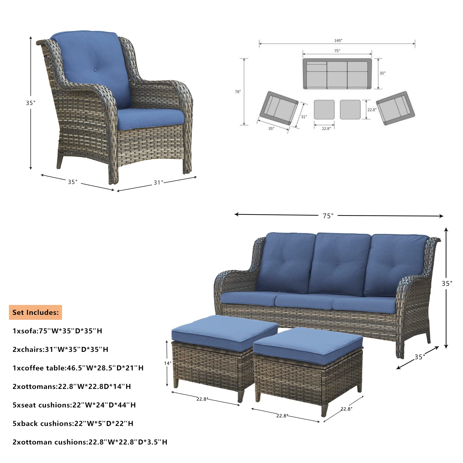 6-Piece Outdoor Patio Wicker Furniture Set - Rattan Sectional Sofa with 3-Seat Couch, 2 Armchairs, 2 Ottoman Footrests & Glass Top Coffee Table - Grey/Blue - Perfect for Backyard, Garden, Poolside & Outdoor Conversations