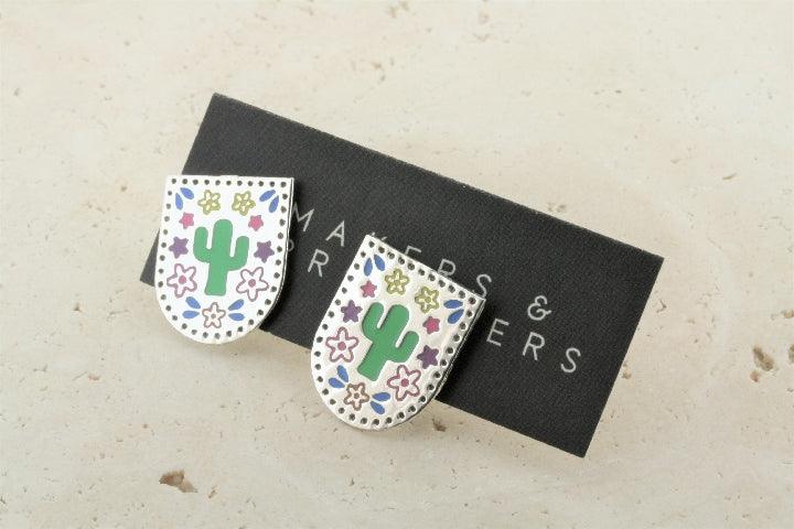 Colorful Enamel Cactus Shield Stud Earrings - Trendy Boho Jewelry for Women, Perfect for Festivals & Everyday Wear