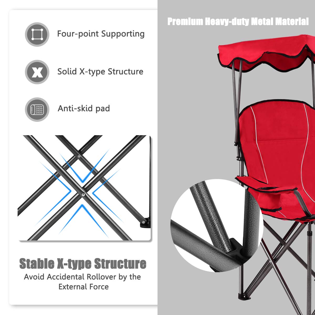 GYMAX Portable Folding Camping Chair with Canopy - Heavy Duty Outdoor Lawn Chair with Carry Bag & Cup Holder - Perfect for Camping, Beach, Picnic, Travel, Soccer Games and Backyard Relaxation