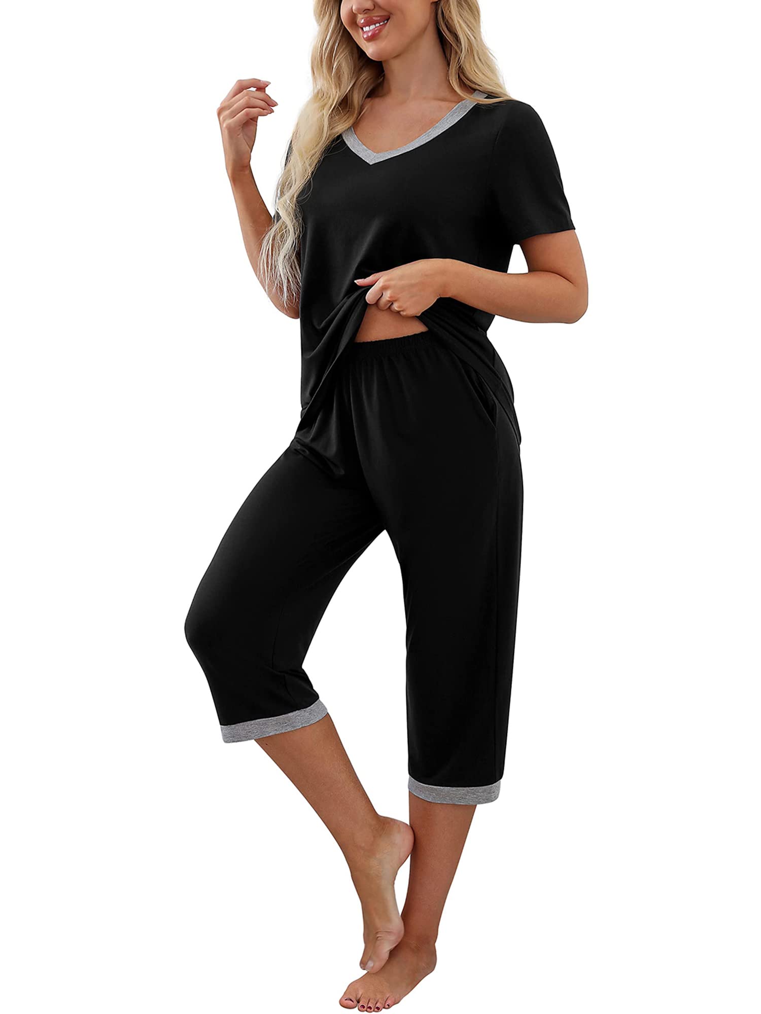 Franhais Women's Short Sleeve V-Neck Pajama Set - 2 Piece Lounge Sleepwear with Pockets | Soft & Comfortable PJS for Sleeping, Relaxing at Home, and Travel