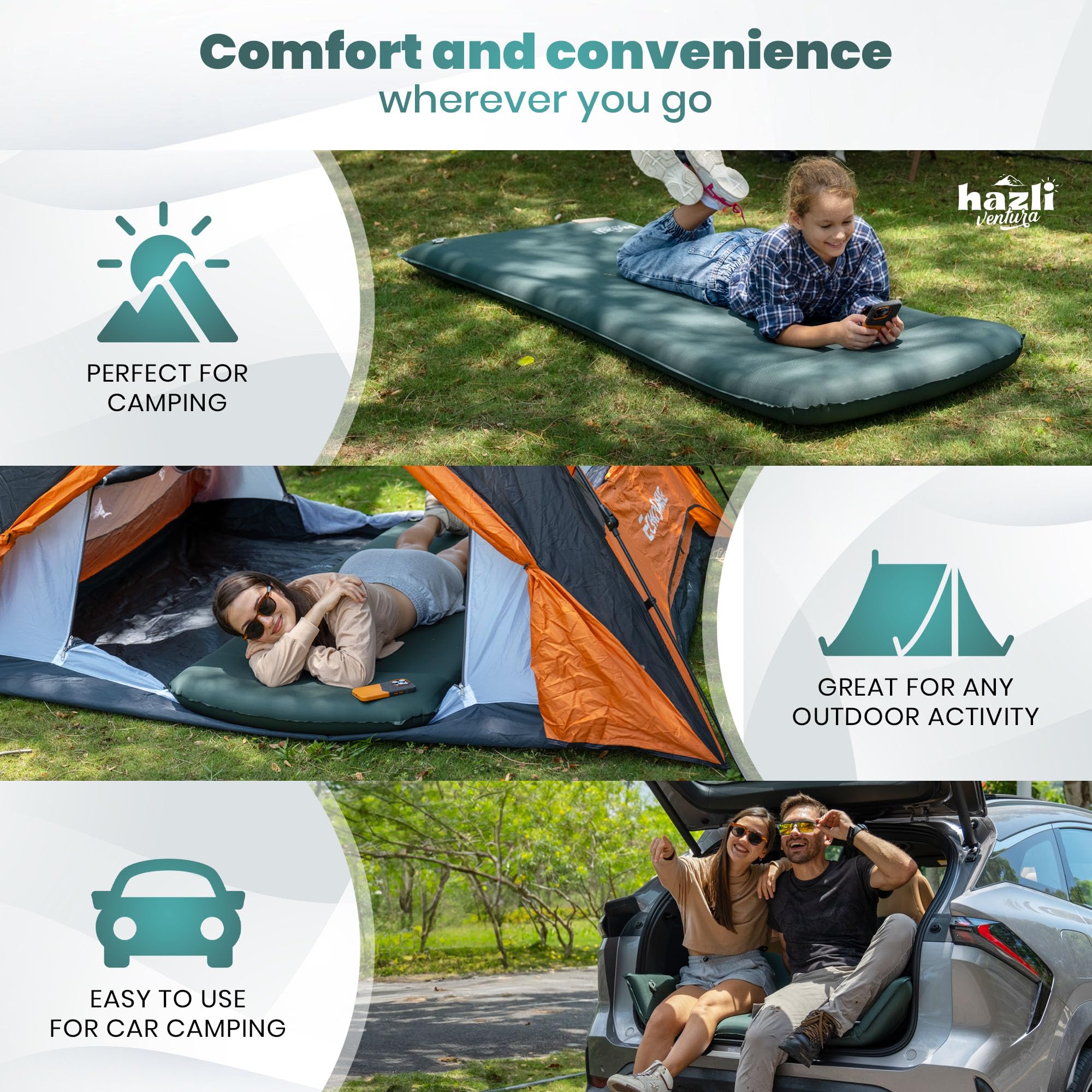 Hazli ComfortMax Self-Inflating Foam Camping Mattress with Pillow & Pump - 75