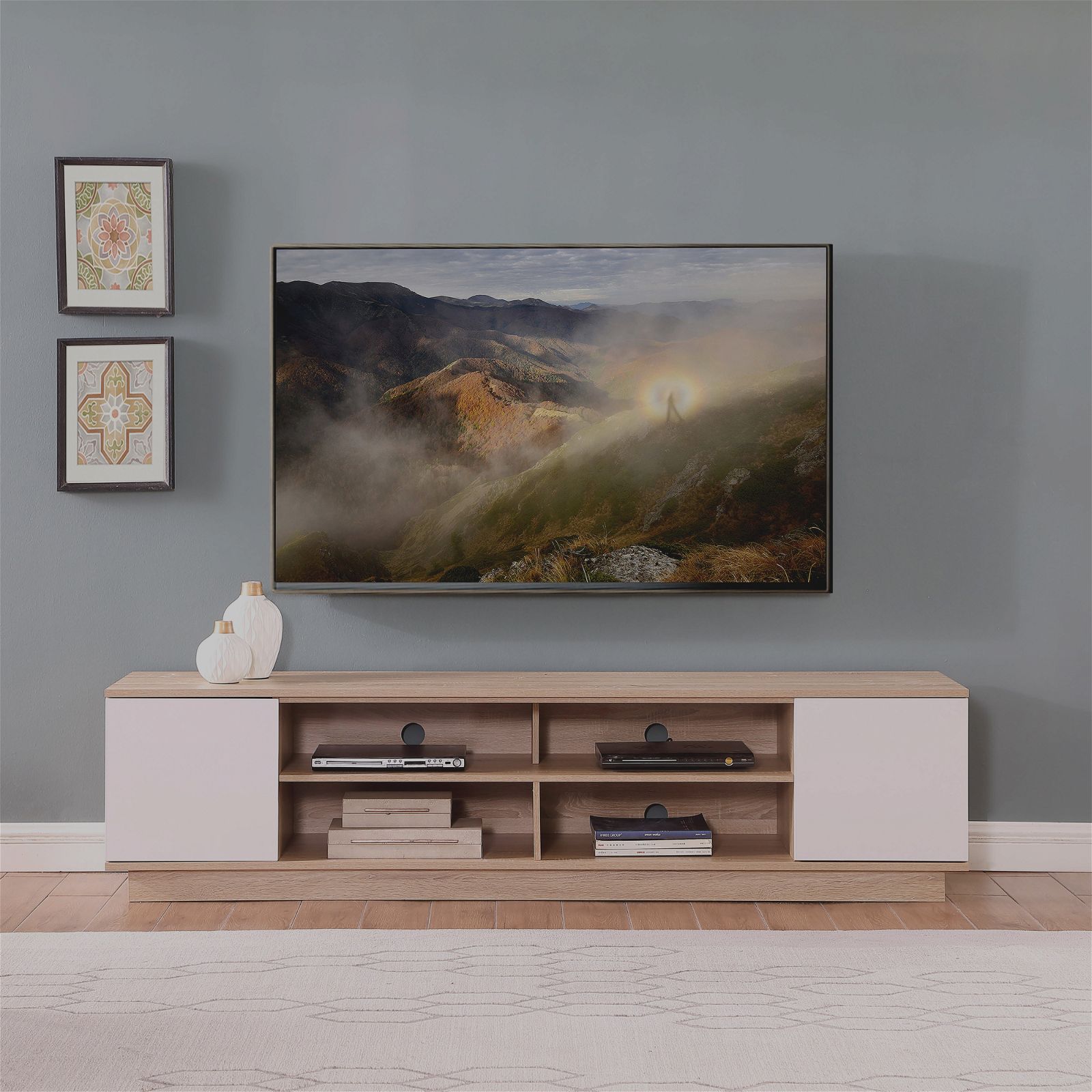 DELUX 200cm Oak & White TV Stand Entertainment Unit with Storage - Modern Media Console for Living Room, Home Theater & Gaming Setup
