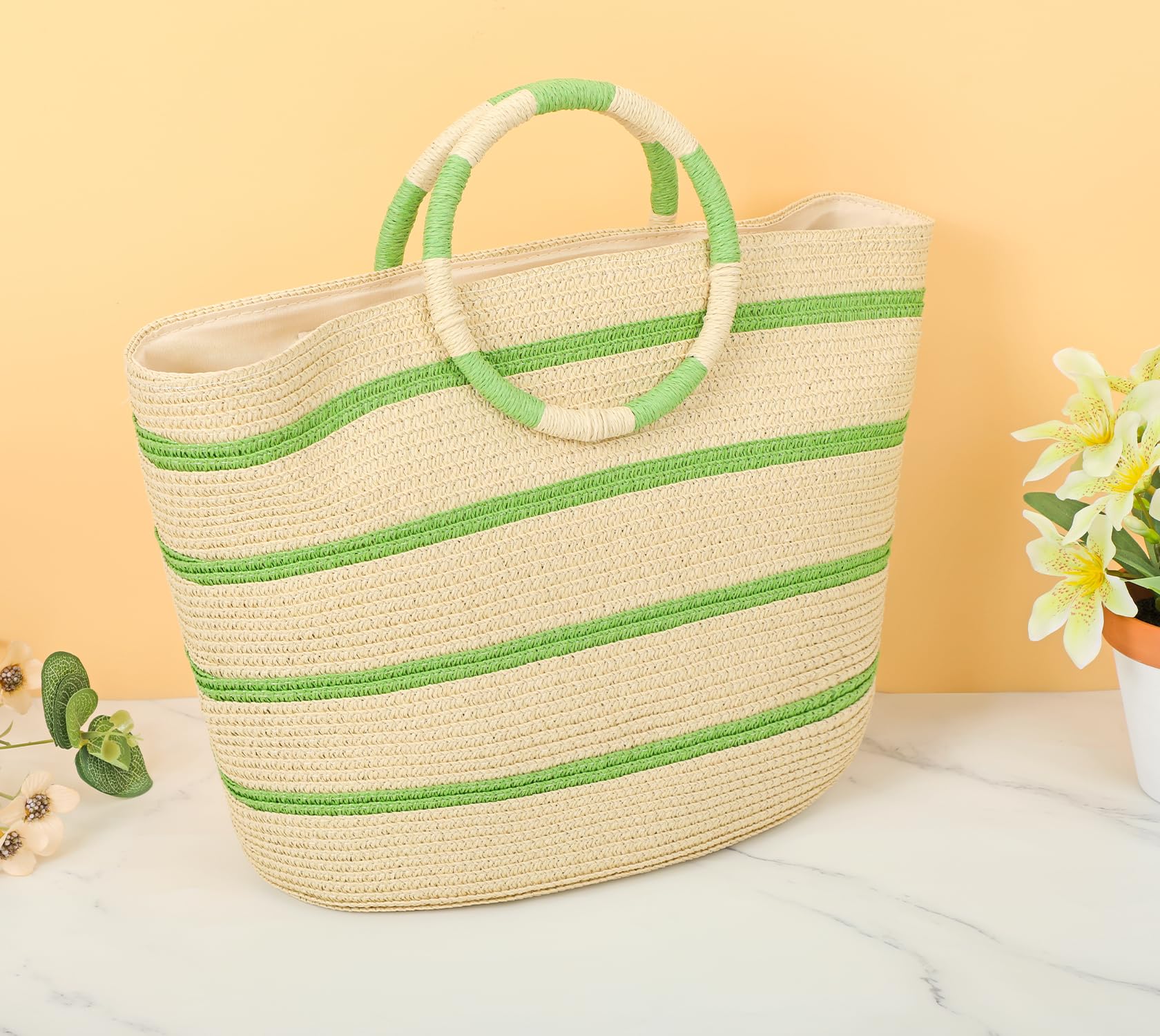 Women's Large Woven Straw Beach Tote Bag - Summer Vacation Holiday Essentials for Pool, Picnic & Travel | Water-Resistant & Spacious Beach Bag