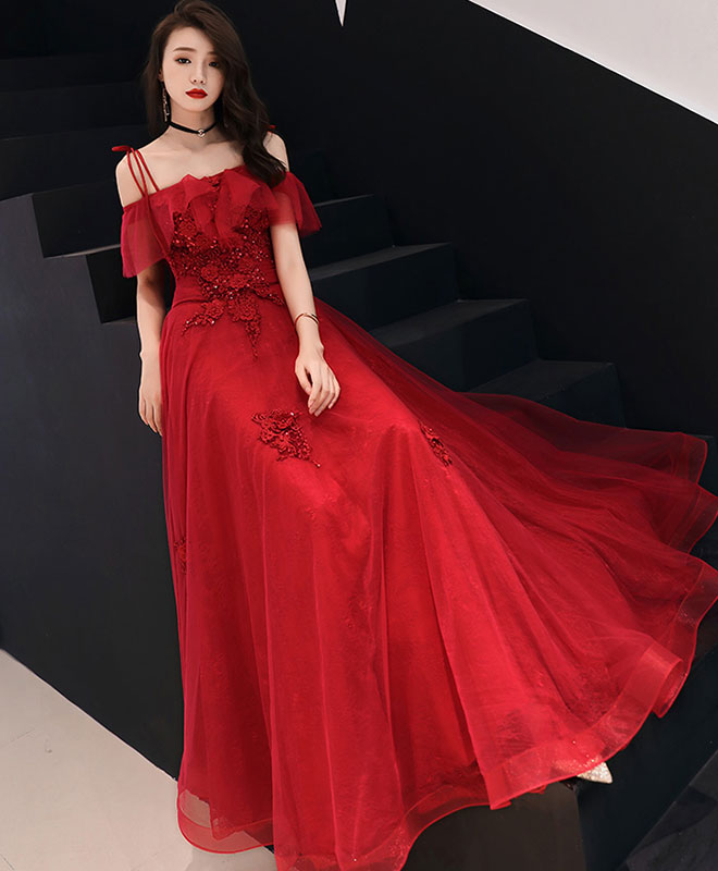 Elegant Burgundy Tulle Lace Long Prom Dress & Evening Gown for Women - Perfect for Homecoming, Formal Dances, Weddings and Special Occasions
