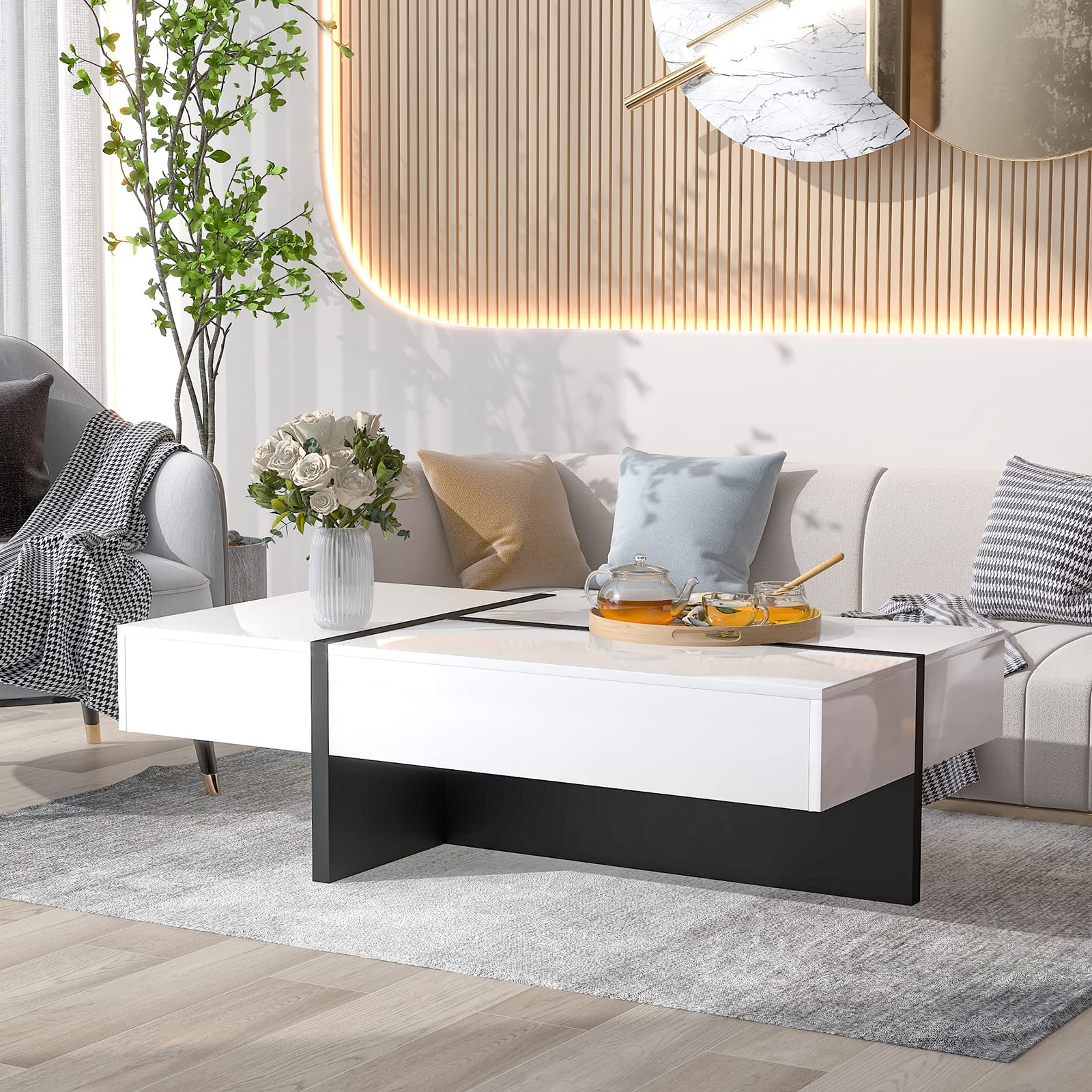 Modern Rectangle Coffee Table with Unique Design - High Gloss Cocktail Table for Living Room - 45.2 x 25.5 x 13.7 Inches Center Table for Sofa or Lounge Chairs - Easy Assembly - Perfect for Small Spaces, Apartments & Contemporary Home Decor