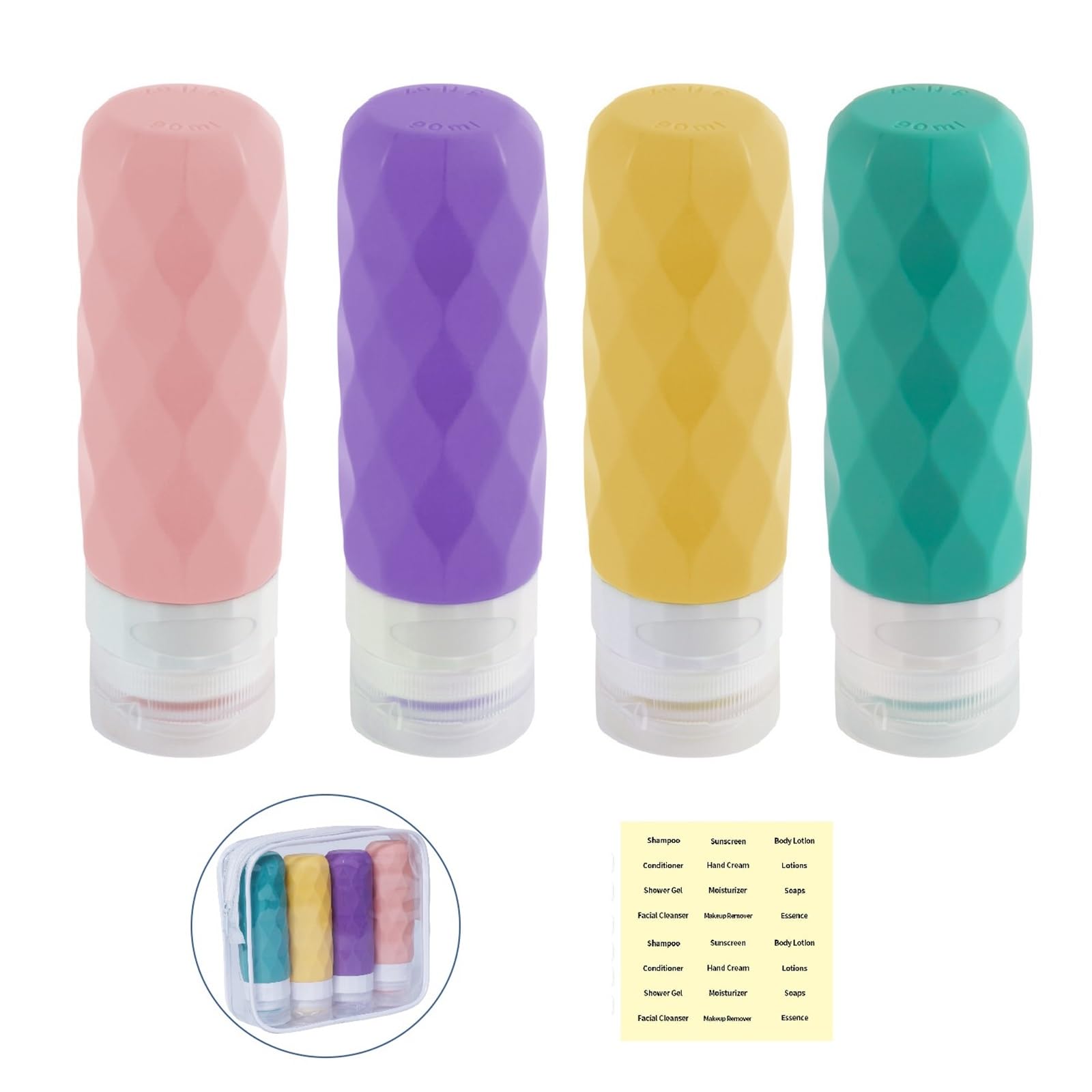 4-Pack 3oz TSA Approved Leak-Proof Silicone Travel Bottles for Shampoo, Lotion & Toiletries - Portable Squeeze Containers for Airplane, Gym & Vacation Essentials