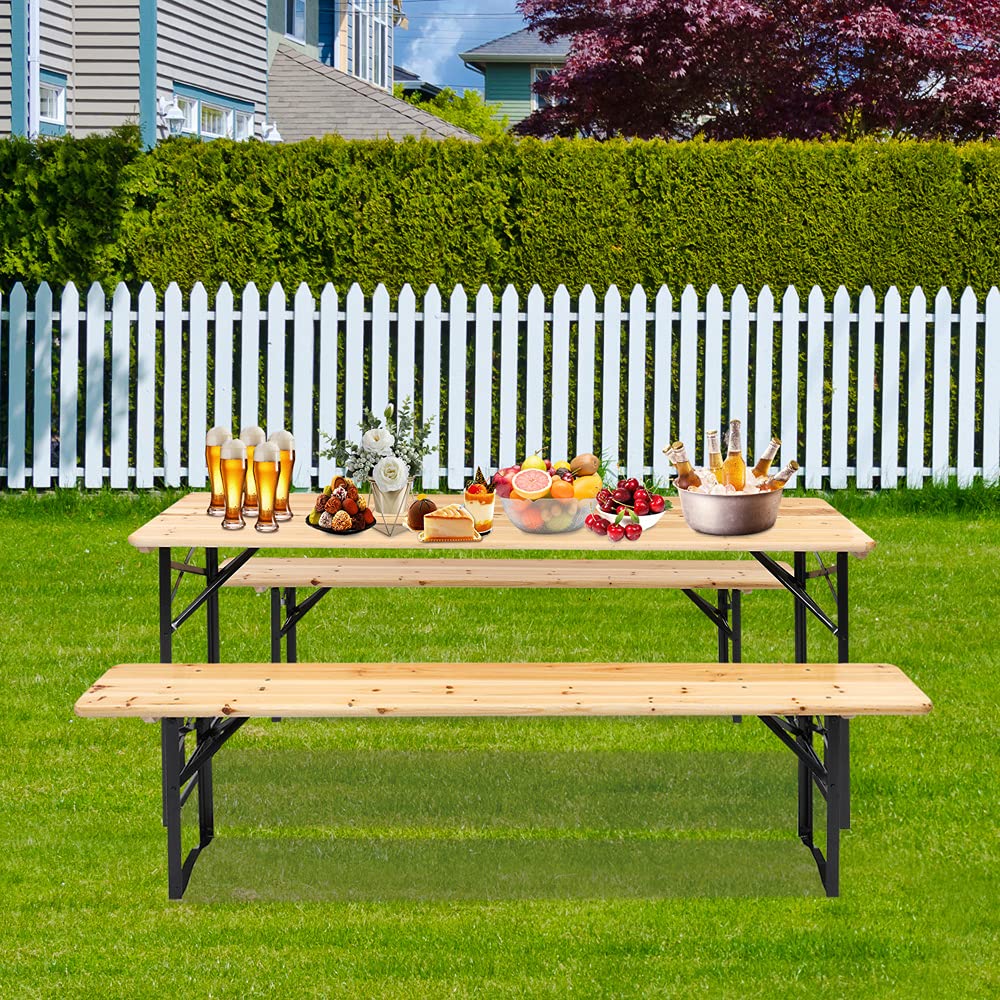 Premium 5.8FT Wooden Folding Picnic Table Set with 2 Benches - Outdoor Camping, Patio, Backyard, Beach Furniture for Parties, BBQs & Family Gatherings - Durable Portable 3-Piece Dining Set (1 Table + 2 Long Benches)