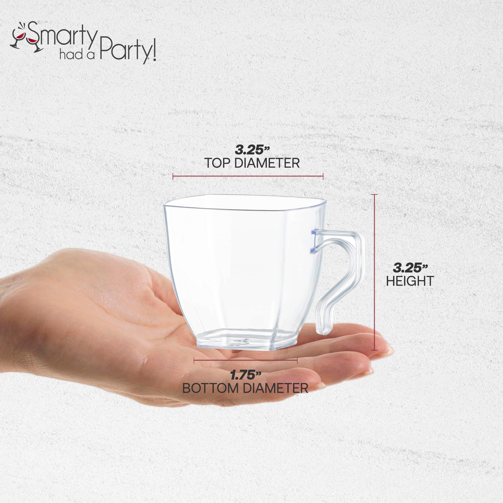 192 Pack Smarty Had A Party 8 oz Clear Disposable Plastic Coffee Cups with Handles - Elegant Drinkware for Hot Beverages, Tea, Cappuccino - Perfect for Parties, Cafes, Offices & Events