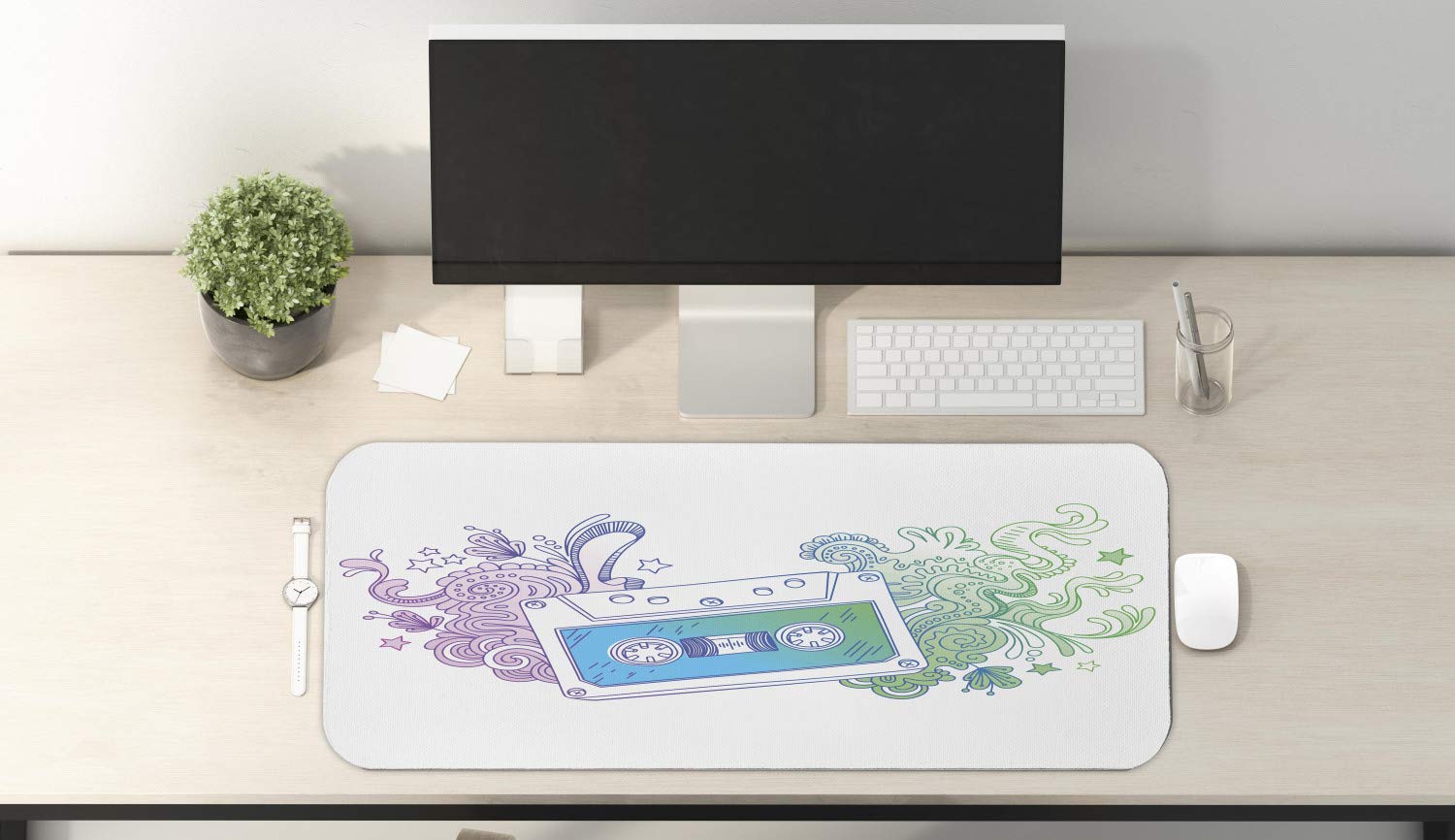 Ambesonne Vintage Cassette Tape Floral Musical Print Non-Slip Rubber Mouse Pad - 31