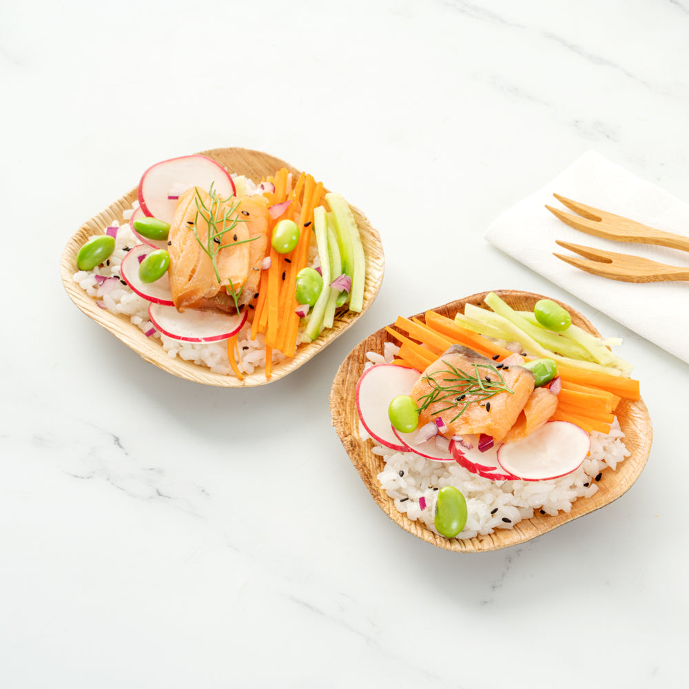 100 Pack 4 oz Square Palm Leaf Bowls & 100 Natural Bamboo 3.5