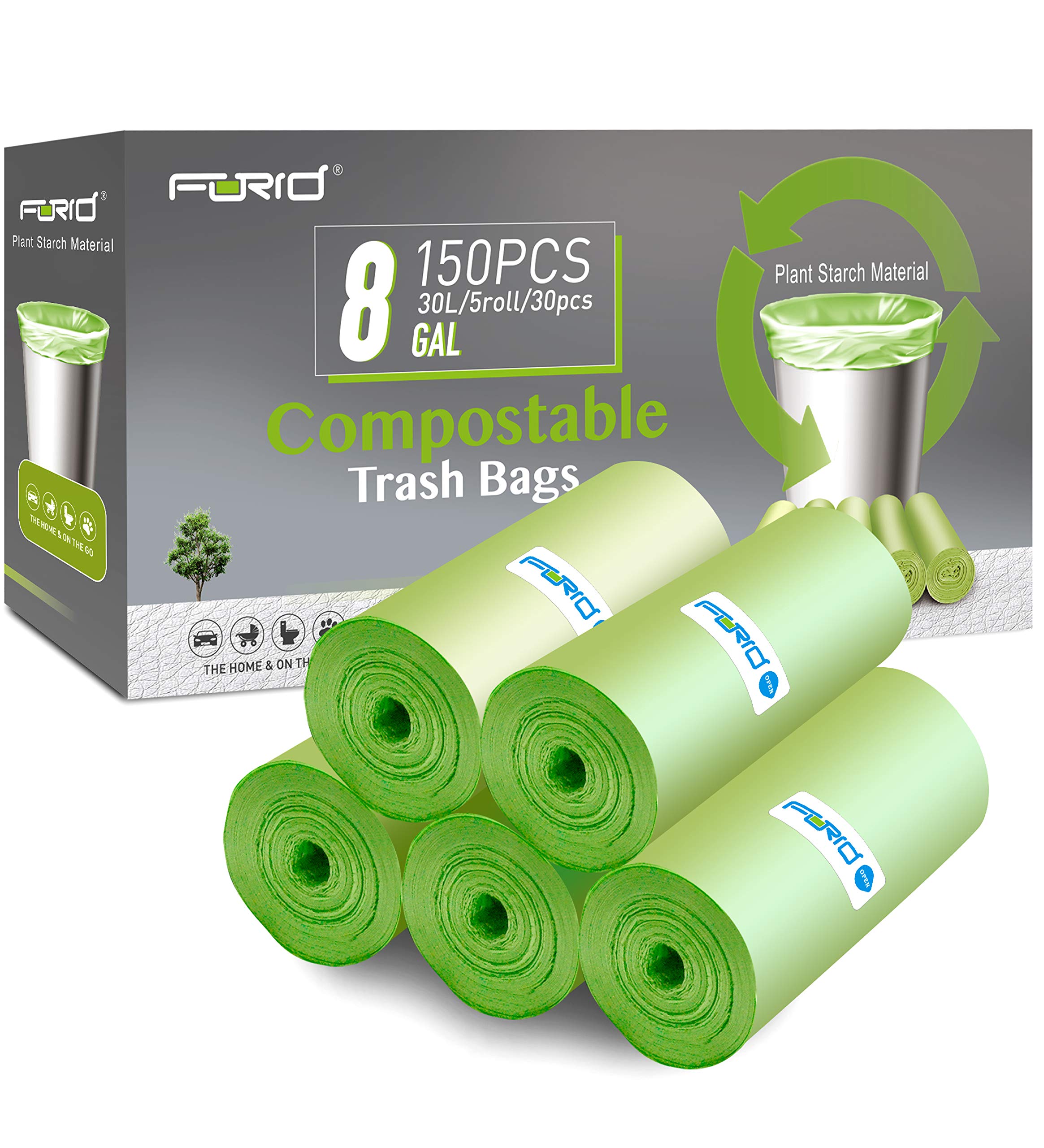 Eco-Friendly Compostable Trash Bags - FORID 8 Gallon (30L) 150 Count Unscented Kitchen Garbage Bags | Durable Thick Wastebasket Liners for Home, Office, Bathroom & Outdoor Use | Biodegradable Green Trash Can Bags (5 Rolls) - Perfect for Recycling & Organic Waste Disposal
