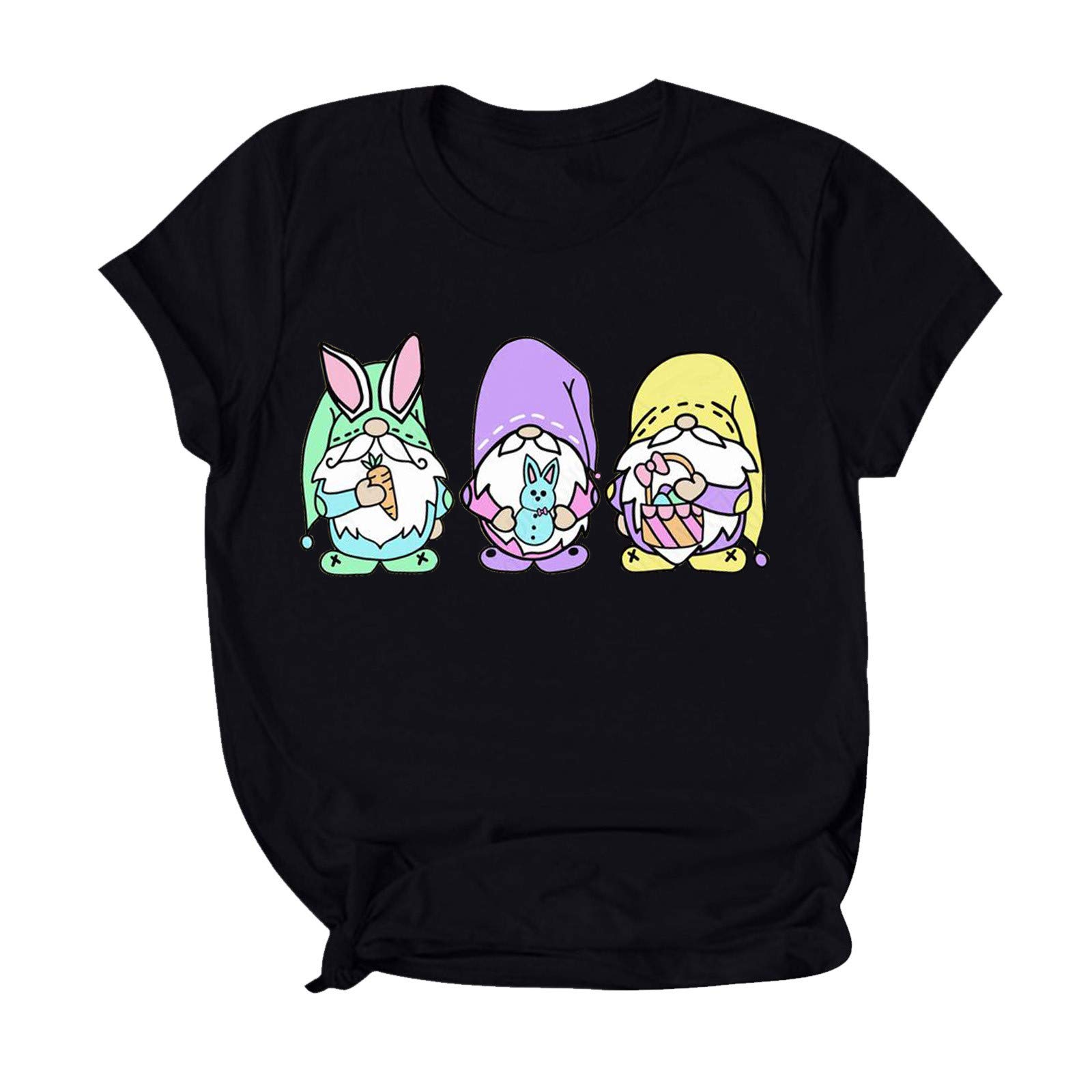 Easter Gnome Printed Graphic Tee for Women - Cute Short Sleeve Tunic Top with O-Neck - Plus Size Easter Shirts - Perfect for Easter Celebrations, Spring Outings & Casual Wear
