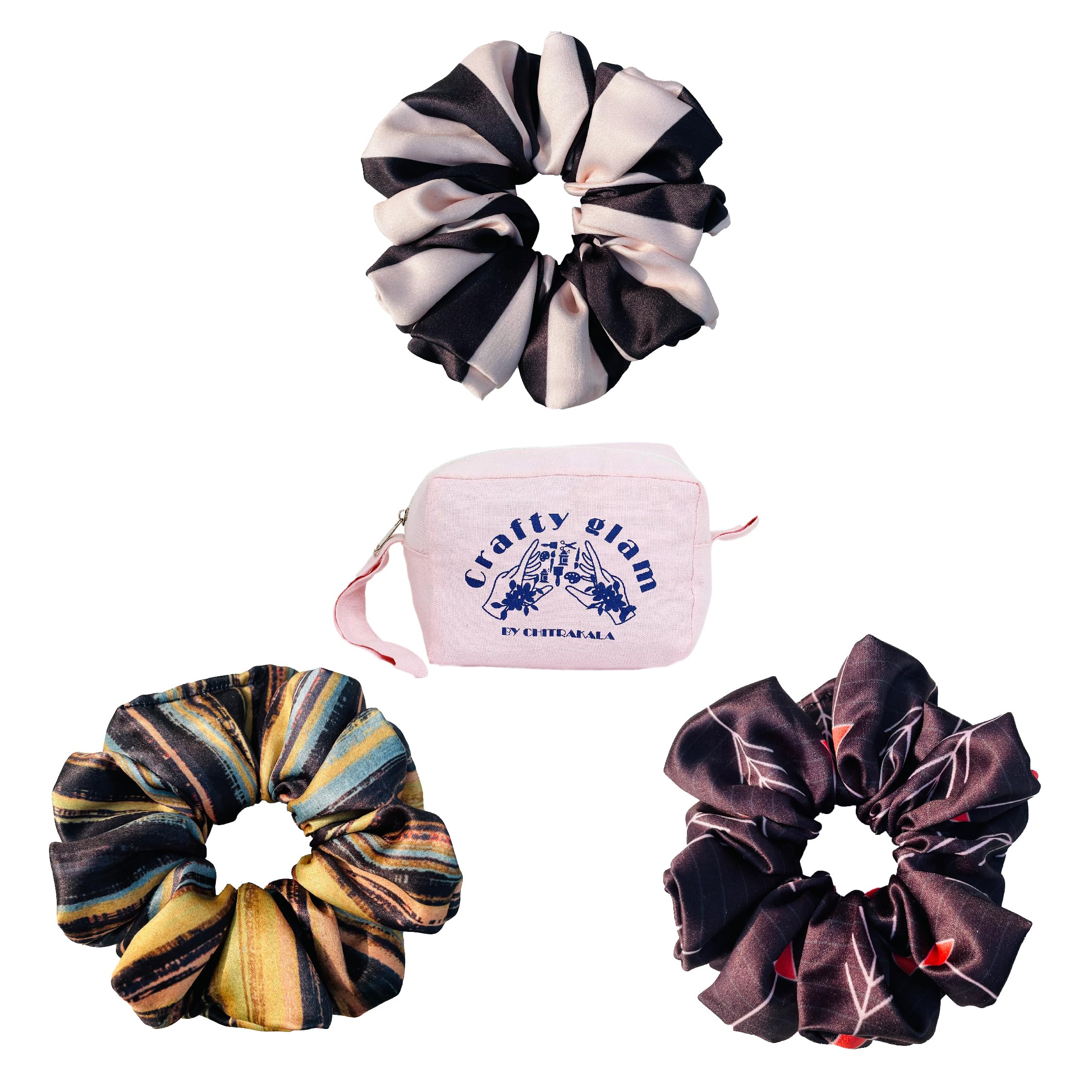 Luxury Satin Scrunchies for Women - Soft Hair Bands Set with Printed Designs & Organizer Bag (3-Pack) - Perfect for Everyday Use, Work, Gym, and Travel