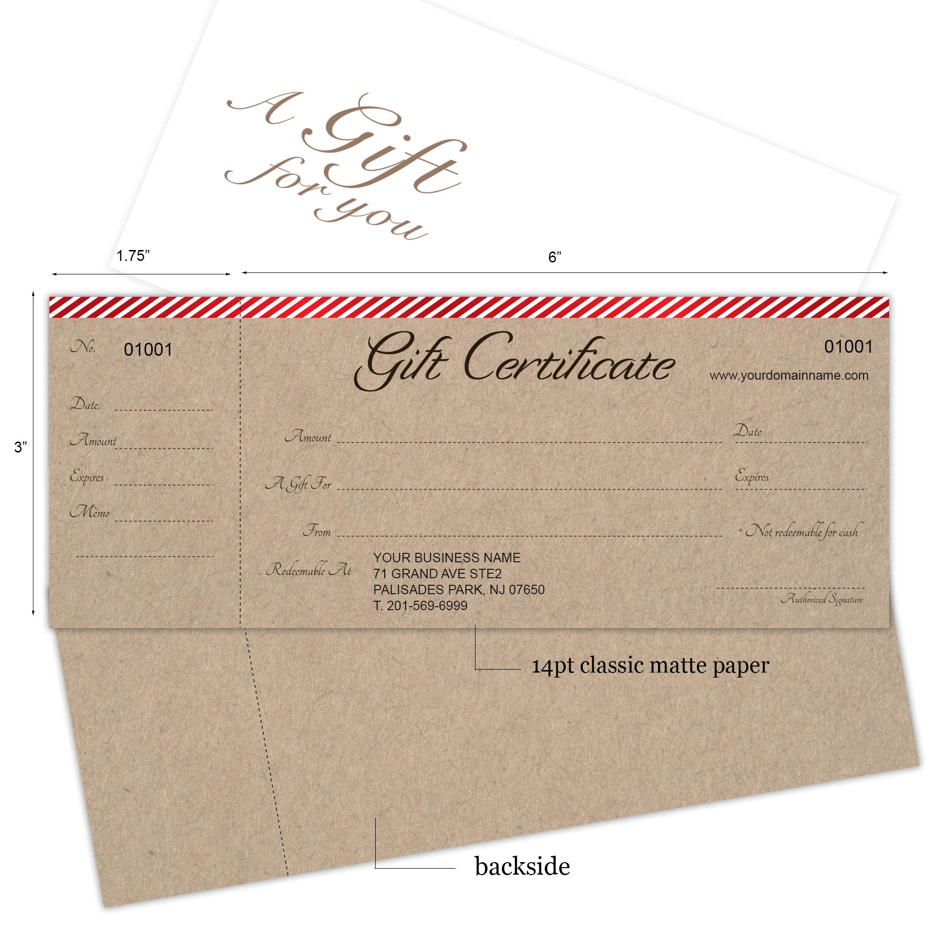 Custom Gift Certificate Cards with Envelopes - 100-Pack Premium Red Stripe Design on Kraft Background - Perfect for Small Business Gifting, Rewards & Loyalty Programs (Weddings, Birthdays, Corporate Events)