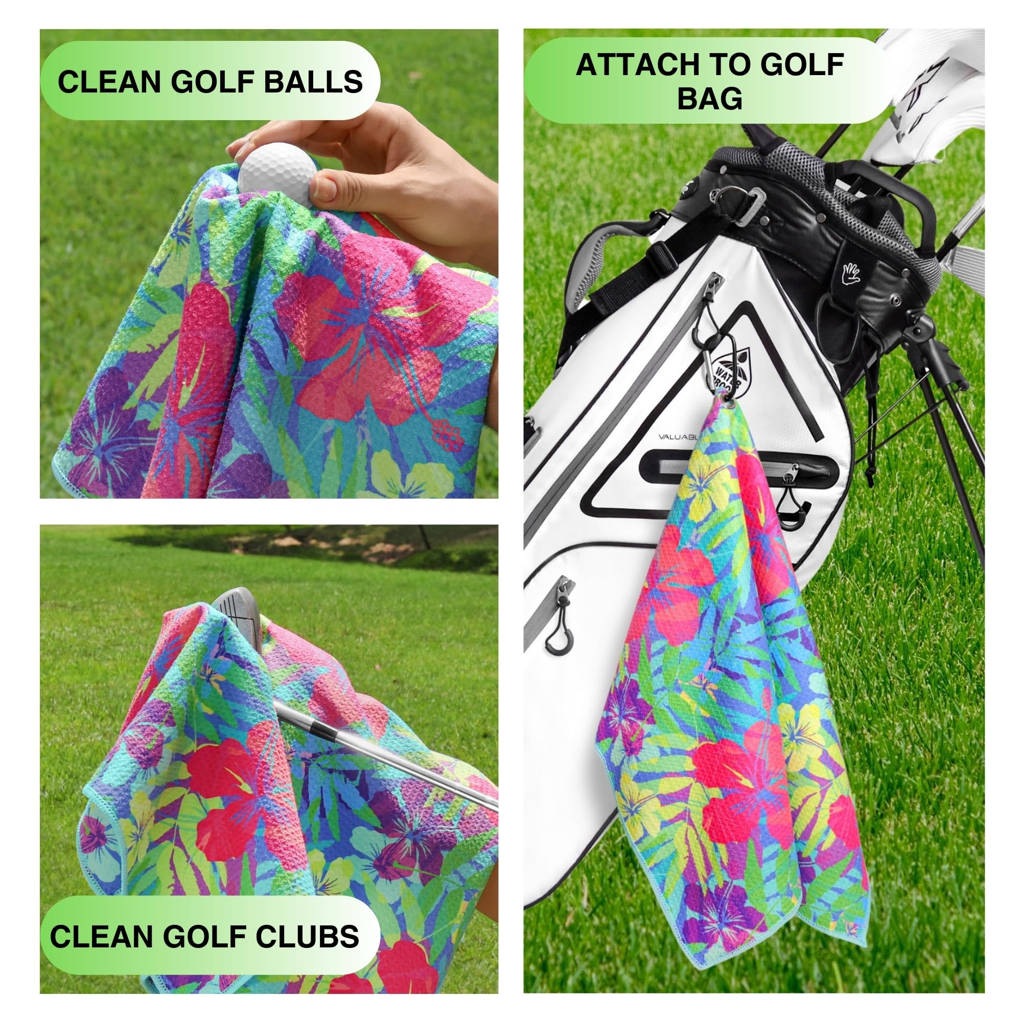Premium Golf Towel Set of 2 - Microfiber Waffle & Ball Towels for Men & Women - Durable Golf Accessories for Golf Bags - Tropical Floral Design - Perfect Golf Gifts for Him & Her - Ideal for Course Play, Practice & Club Storage