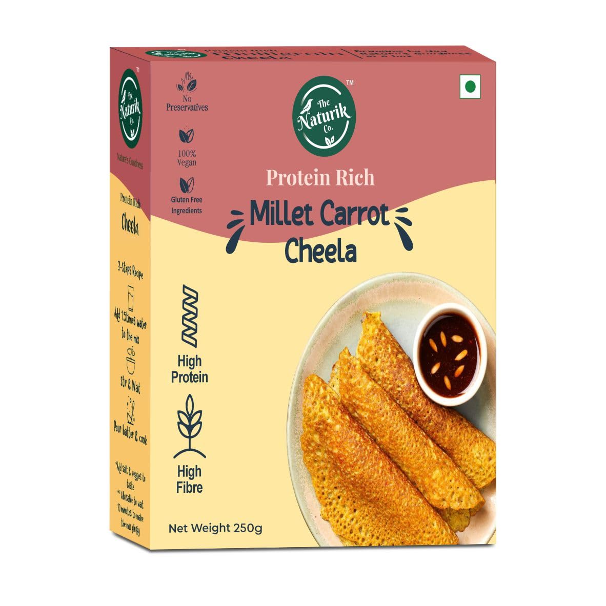 The Naturik Co Millet Carrot Cheela Mix - 250gm | Ready to Cook Millet Chilla & Dosa Mix | Healthy Instant Breakfast | Kids & Family Snack | Shark Tank Featured | Perfect for Quick Meals, School Lunches & On-the-Go Snacking