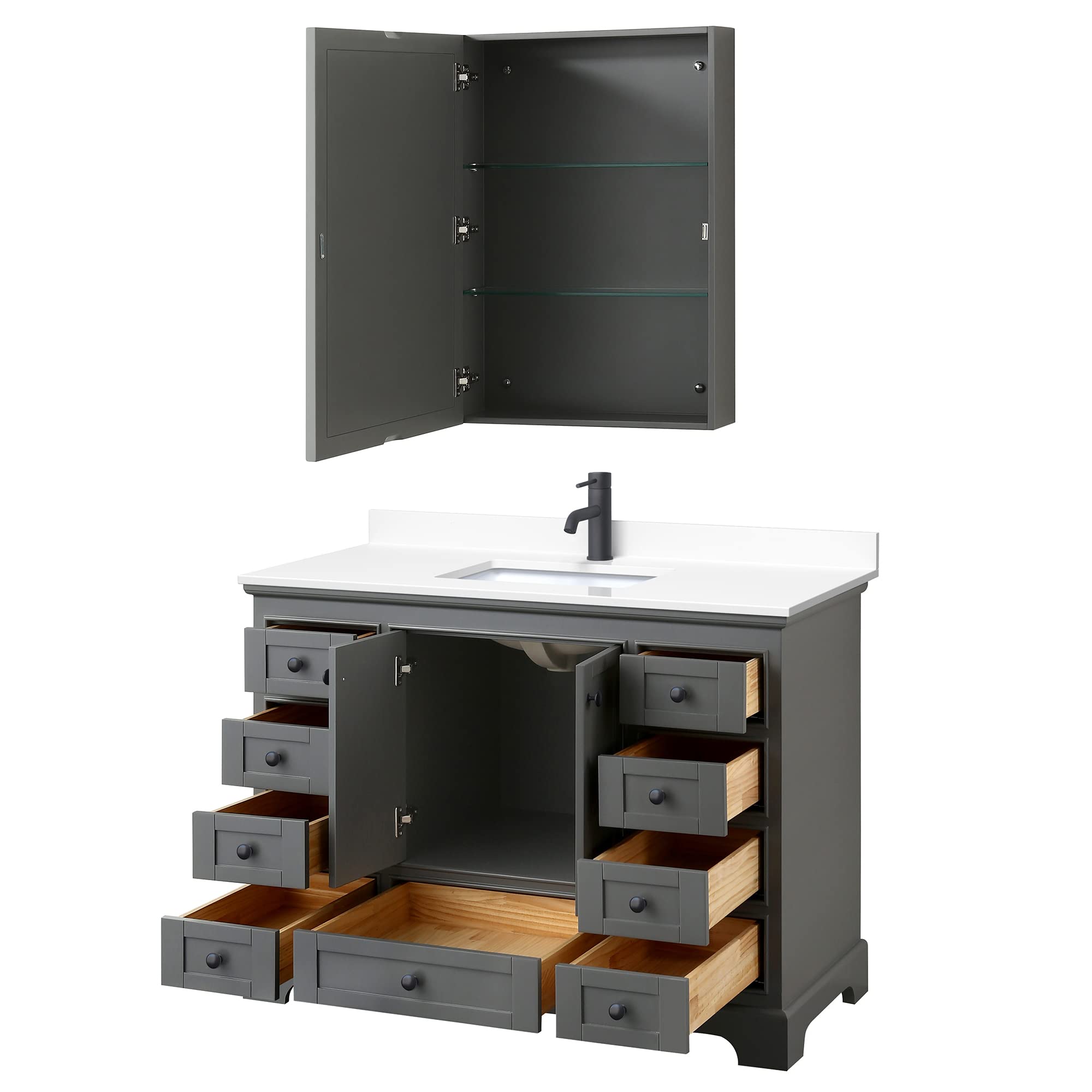 Wyndham Collection Deborah 48 Inch Single Bathroom Vanity - Dark Gray with White Cultured Marble Countertop, Undermount Square Sink & Matte Black Trim | Modern Medicine Cabinet for Small Bathrooms, Powder Rooms & Guest Suites