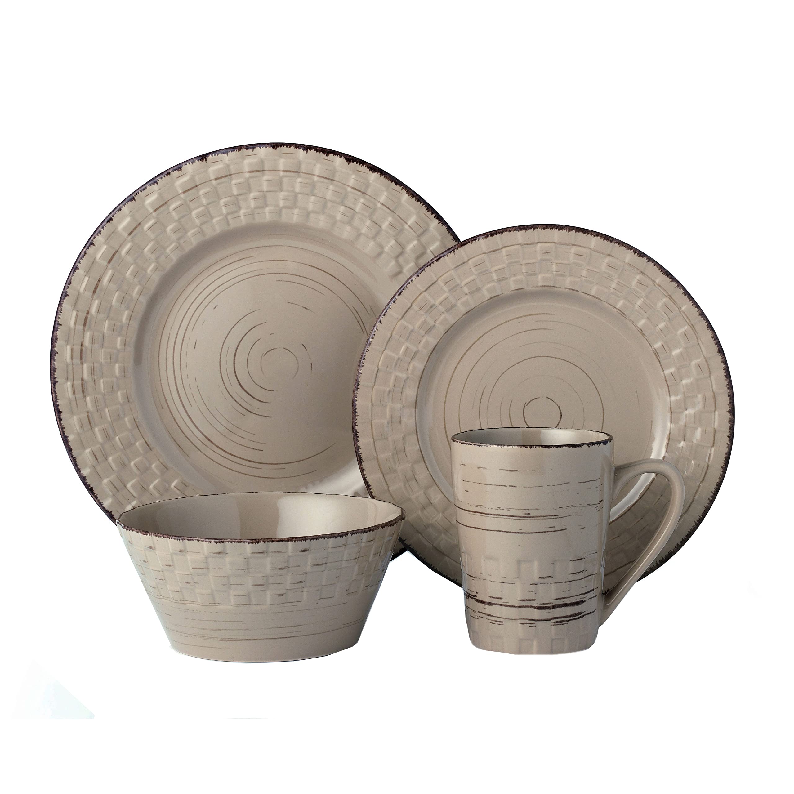 16-Piece Stoneware Dinnerware Set for 4 - Elegant Distressed Weave Design in Mocha Brown | Perfect for Family Dinners, Entertaining Guests & Restaurant-Style Dining at Home