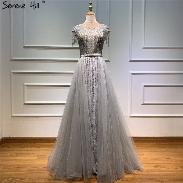 Serene Hill Grey Luxury Beaded Tassel Evening Gown with Train & Cap Sleeves - Elegant Women's Party Dress for Prom, Gala & Formal Events 2025 (LA60874)