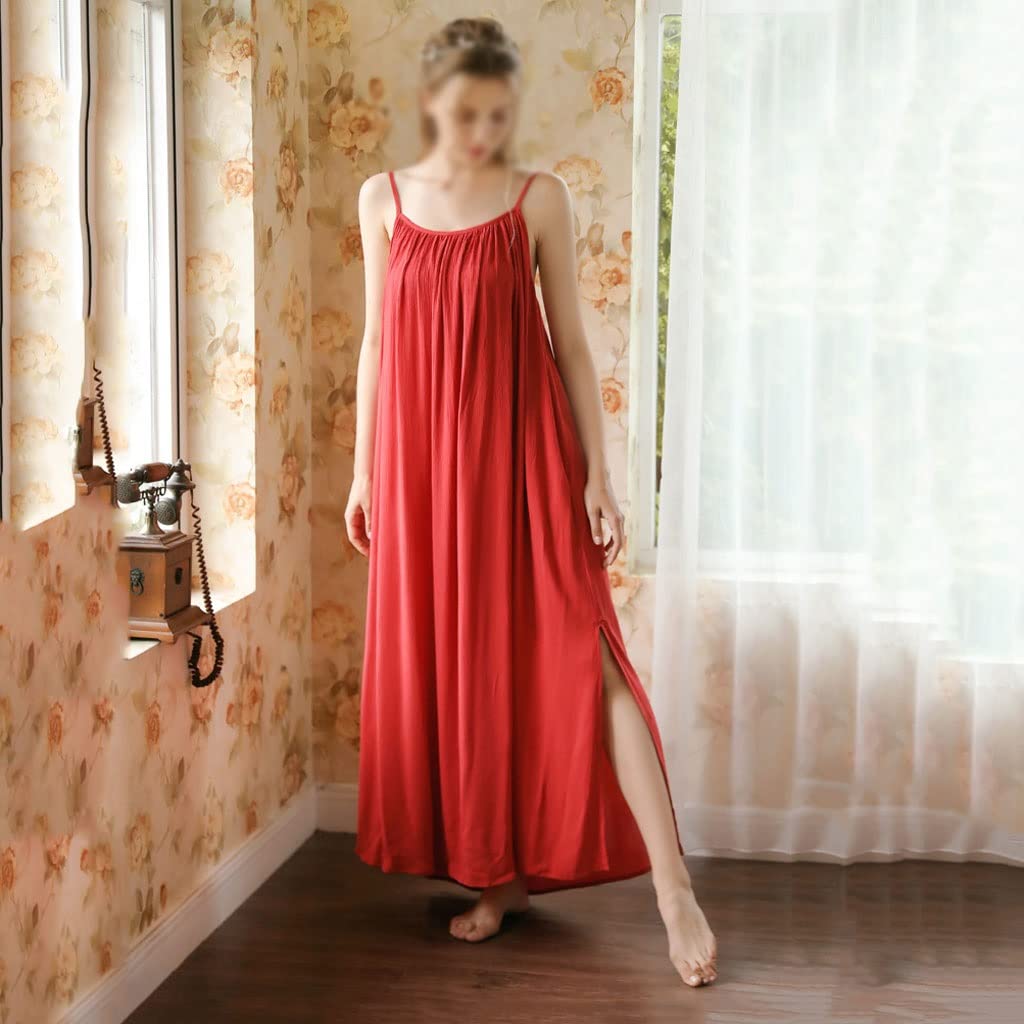 Red Spaghetti Strap Nightgown for Women - Soft Cotton Sleepwear, Long Sleeveless Nightdress, Casual Lingerie & Bathrobe (Color: Red, Size: M) - Perfect for Sleepovers, Lounging & Relaxing at Home