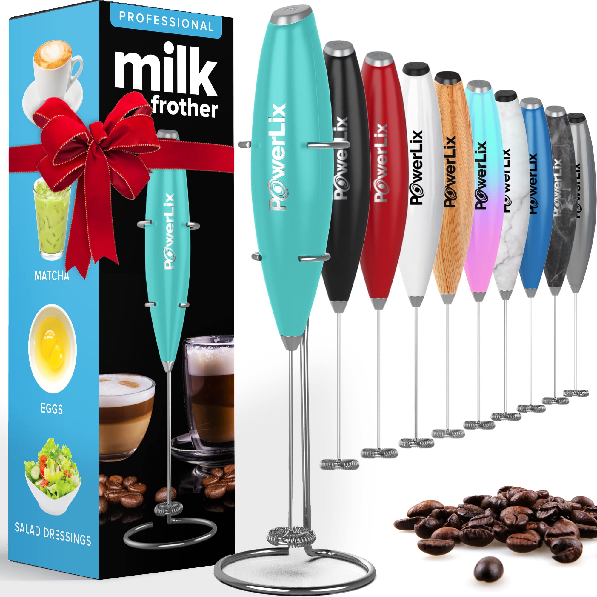 PowerLix Powerful Handheld Milk Frother - Battery Operated Foam Maker for Coffee, Latte & Cappuccino - Includes Stand & 2 Speeds (Black/Caribbean Aqua) - Perfect for Home, Office & Coffee Shops