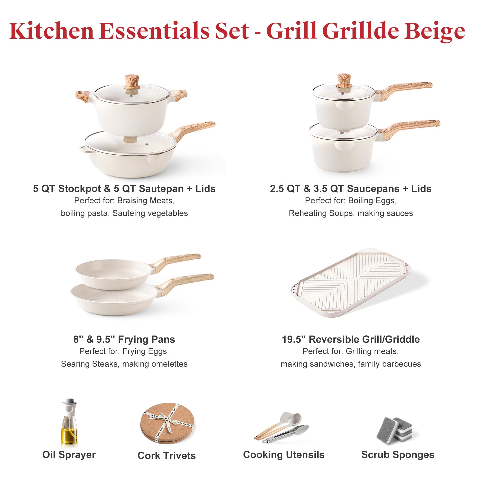 **Caannasweis 20-Piece Nonstick Cookware Set, Granite Coating Induction Pots & Pans – PFOS & PFOA Free, Grayish White Kitchen Cooking Set with Grill Griddle – Perfect for Home, Restaurant & RV Cooking**