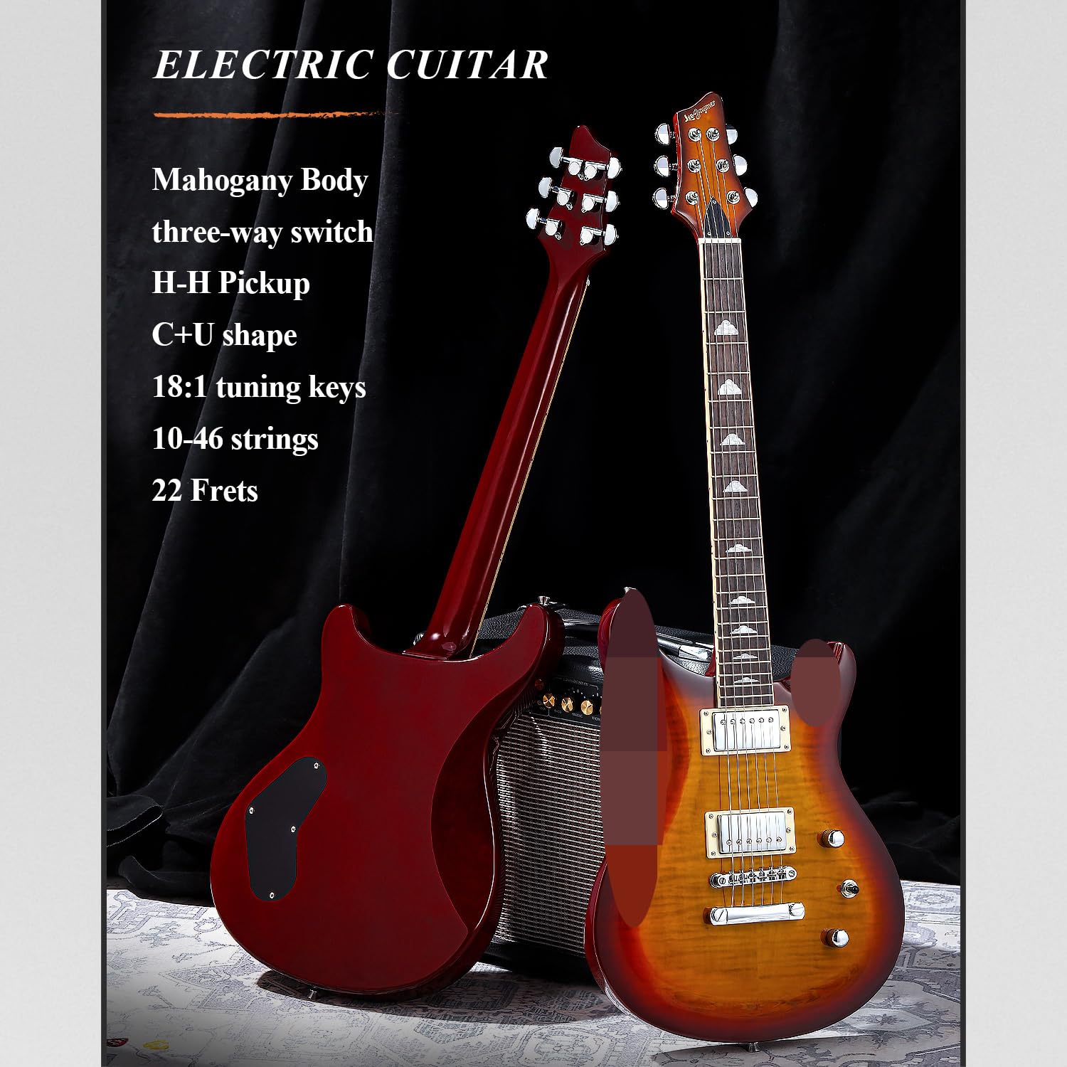Electric Guitar RP Series - Mahogany Body & Neck, Rosewood Fingerboard, Maple Veneer, 18:1 Tuning Keys, 10-46 Strings (Sunburst) - Perfect for Rock, Blues & Stage Performances
