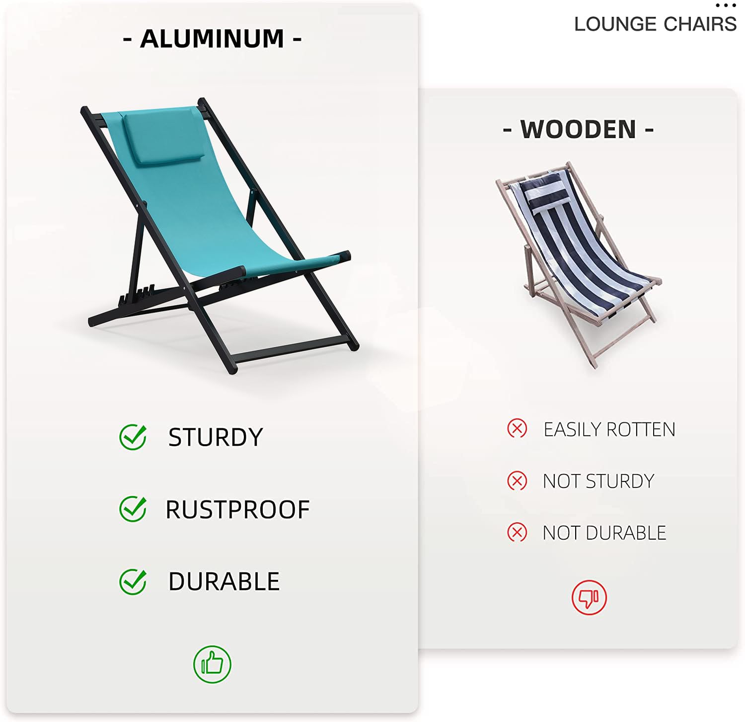 PURPLE LEAF Outdoor Reclining Lounge Chairs Set of 2 - Adjustable Patio Sling Chairs with Aluminum Frame & Cushioned Headrest - Blue - Perfect for Poolside, Backyard Relaxation & Outdoor Lounging