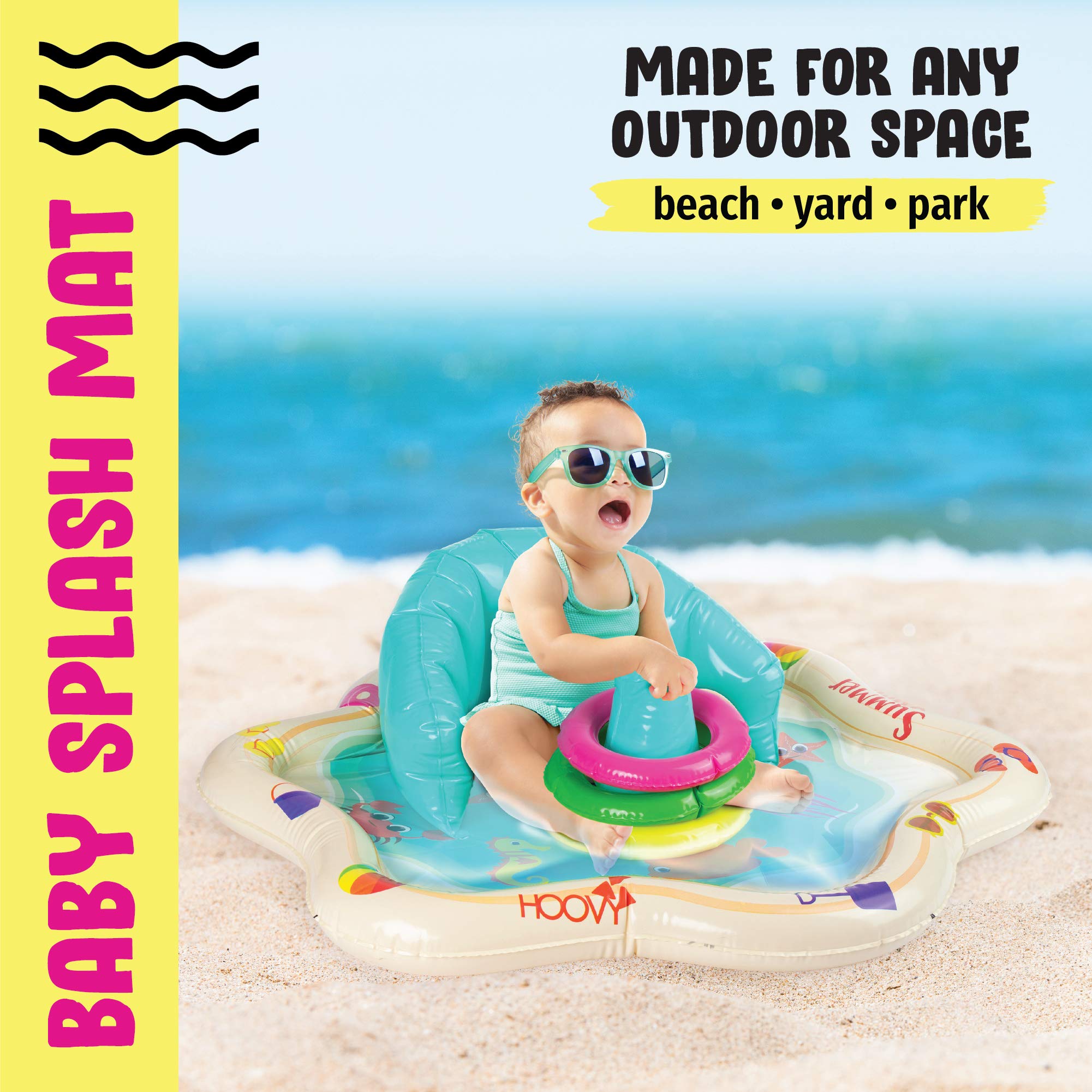 Inflatable Baby Splash Mat with Backrest & Stackable Rings - Water Play Pad for Infants & Toddlers - Summer Outdoor Pool Toys for Backyard, Beach, and Baby Bath Time Fun
