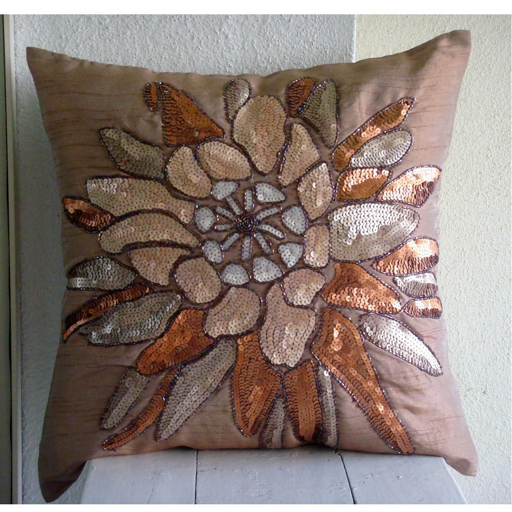 HomeCentric Brown Floral Throw Pillow Covers 18x18 Inch - Sequins & Beaded Flower Design, Silk Decorative Pillow Cases for Sofa, Bed, Living Room - Perfect for Home Decor, Accent Pillows