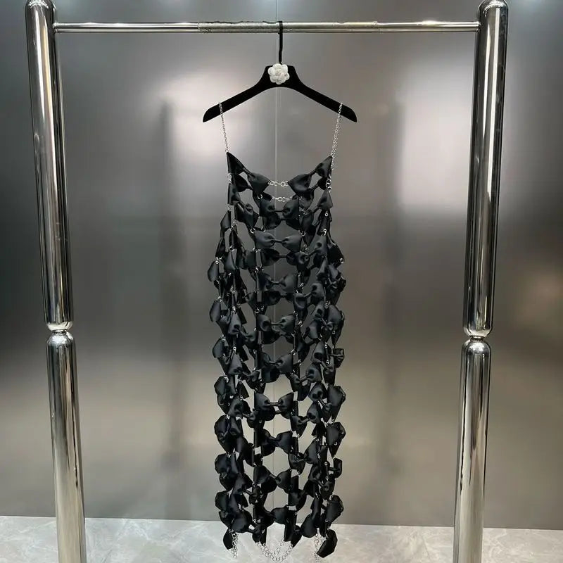 DEAT Women's Fashion Metal Chain Bow Hollow Out Backless Sleeveless Pullover Dress - Spring Summer Party Clubwear & Evening Cocktail Dress - Style 11XX6527